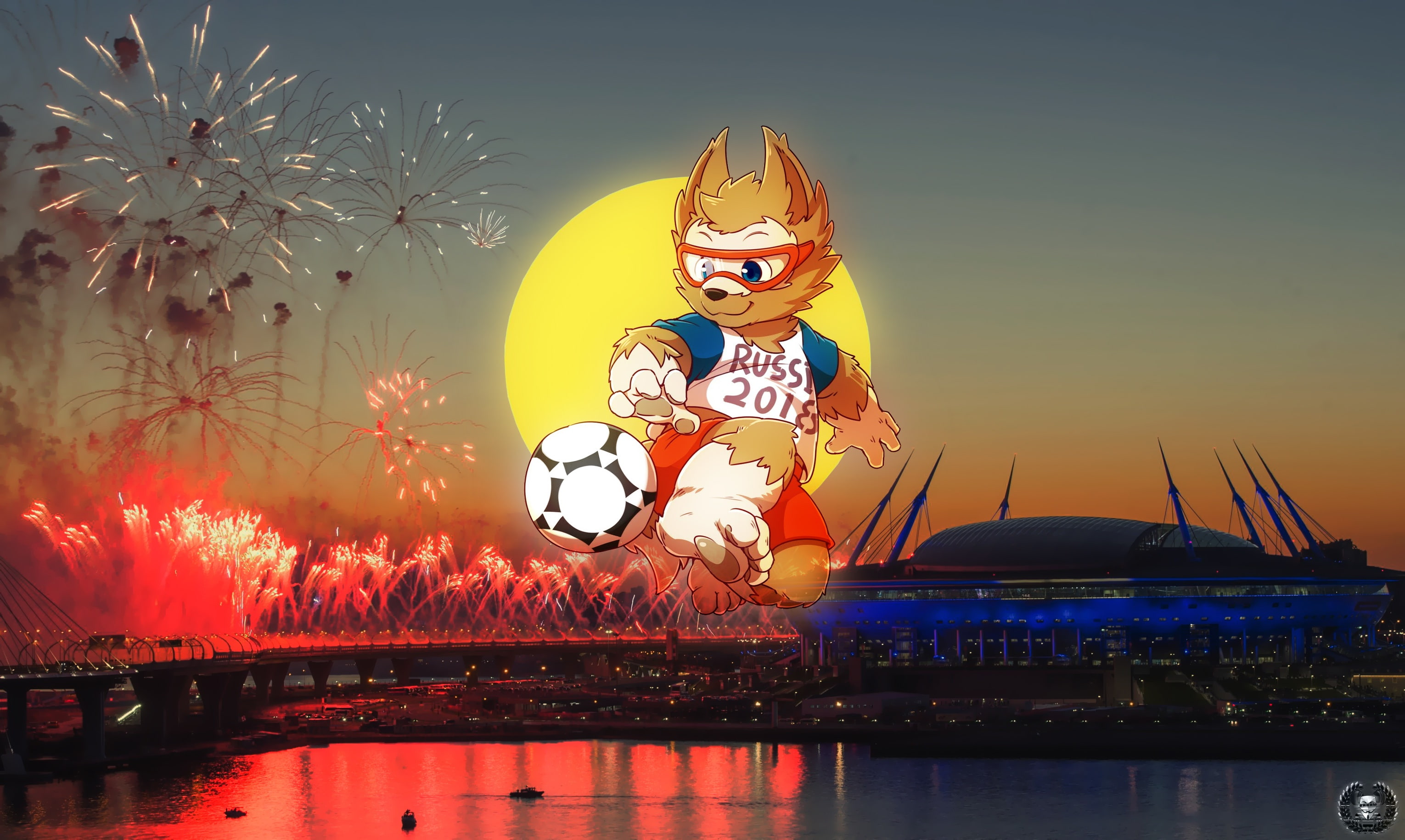 SPB, World Cup 2018, Zabijaka, 2K, Salute, Stadium, Saint Petersburg, Talisman, 2018, The Stadium "Saint-Petersburg", The world Cup 2018, FIFA World Cup 2018, HD Wallpaper