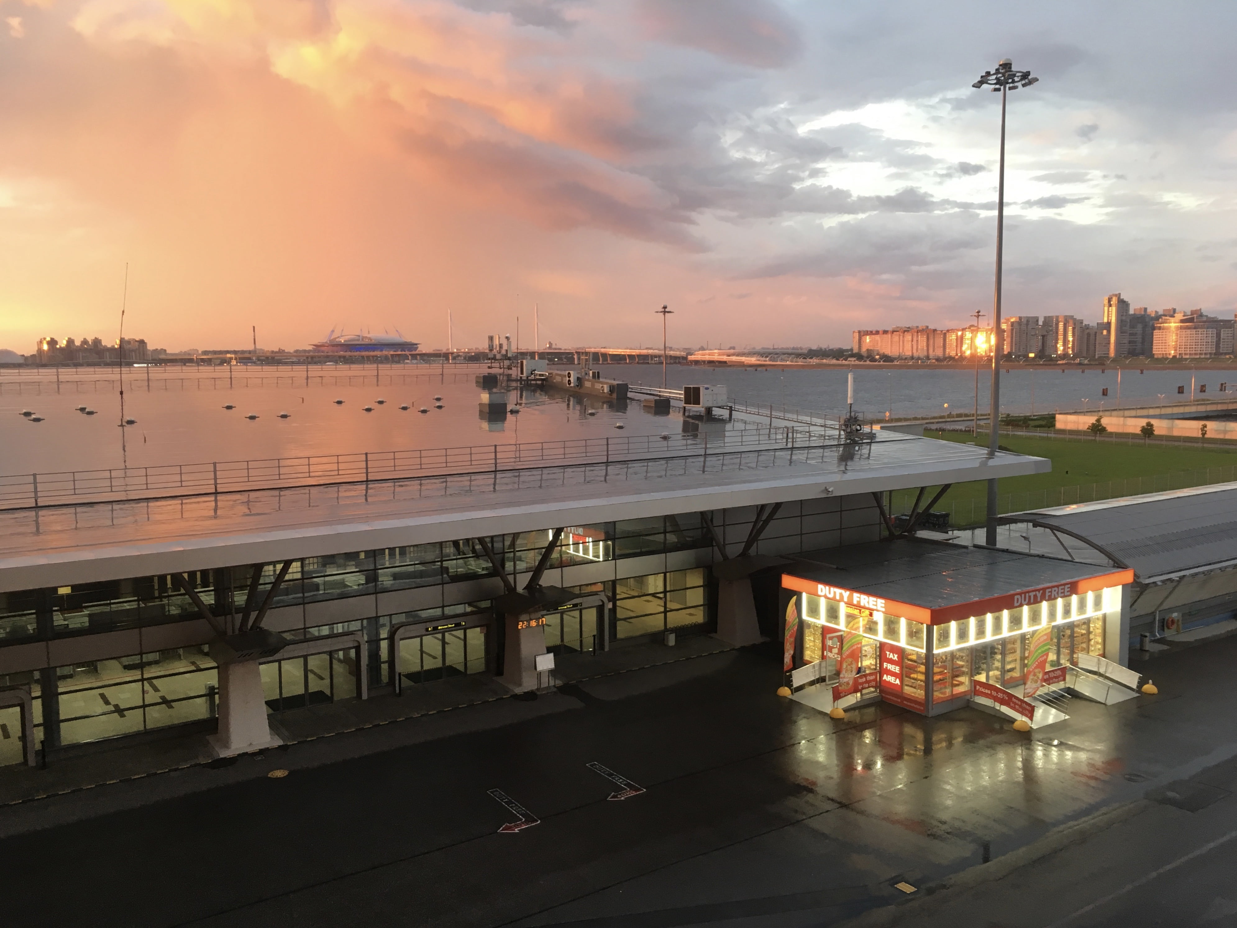 water, travel, sunset, no people, shop, russia, mood, the cruise terminal, port, city, lighting, 4K, building exterior, nature, built structure, transportation, HD Wallpaper