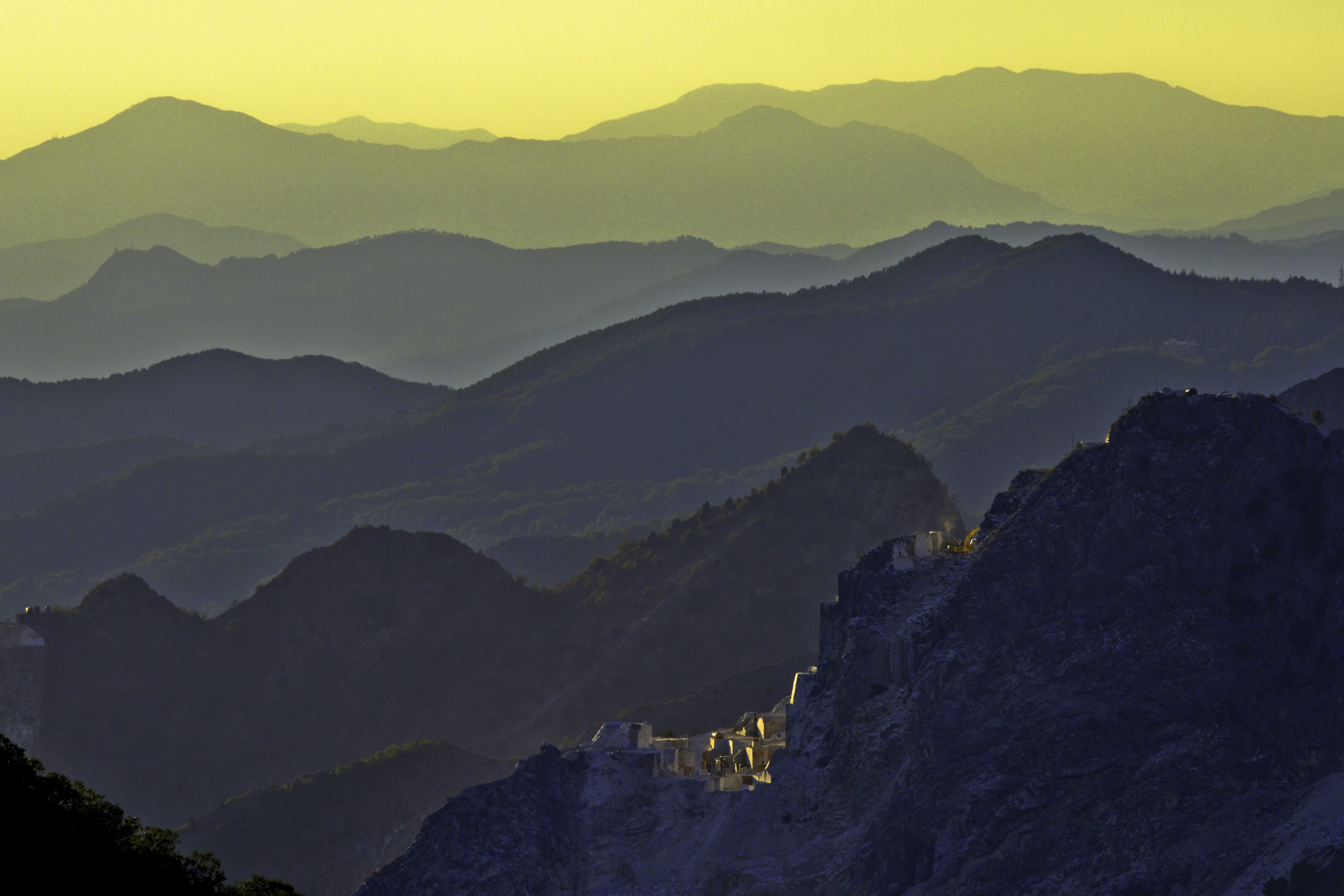 layer, view, mountain peak, land, dusk, tranquility, quarry, buildings, yellow, photography, non-urban scene, bird, silhouette, scenics - nature, mountains, HD Wallpaper