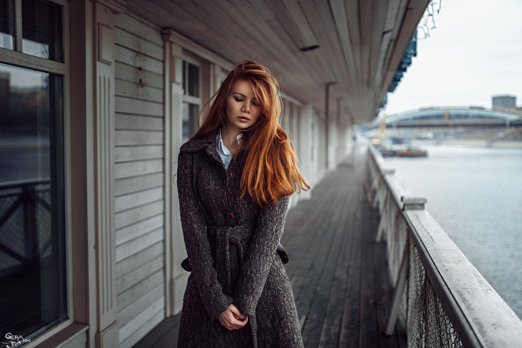 Georgy Chernyadyev, women outdoors, bridge, long hair, alone, river, wood, redhead, Antonina Bragina, closed eyes, women, coats, model, house, 1080P, HD Wallpaper