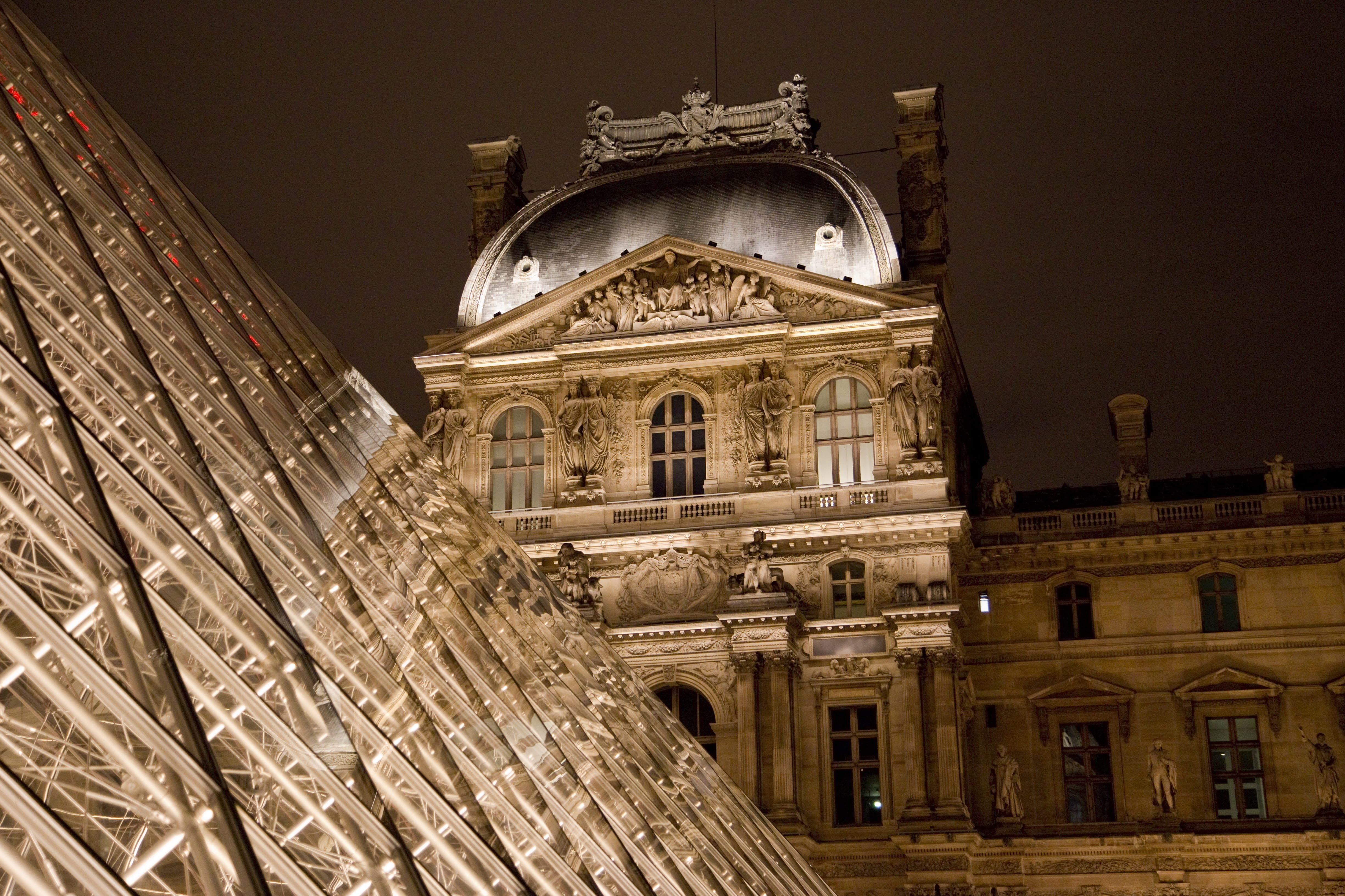 tourism, low angle view, government, europe, no people, art, 4K, architecture, city, night, france, paris, louvre, facade, building, architectural column, HD Wallpaper