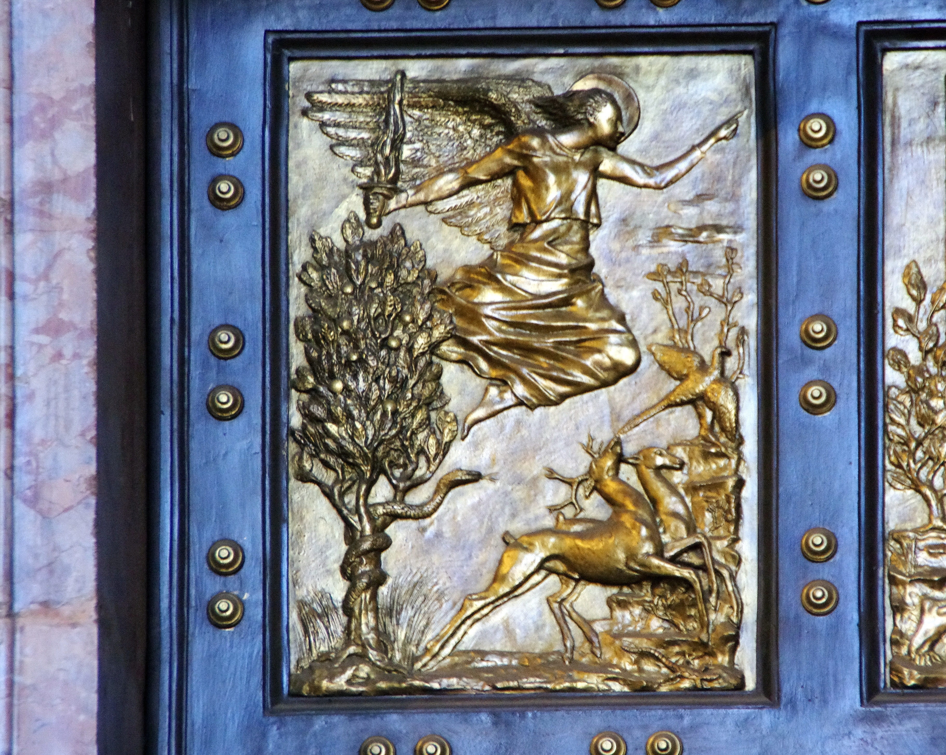 cathedral, architecture, art and craft, gold colored, entrance, day, panel, italy, bronze, metal, human representation, door, shape, built structure, 2K, HD Wallpaper