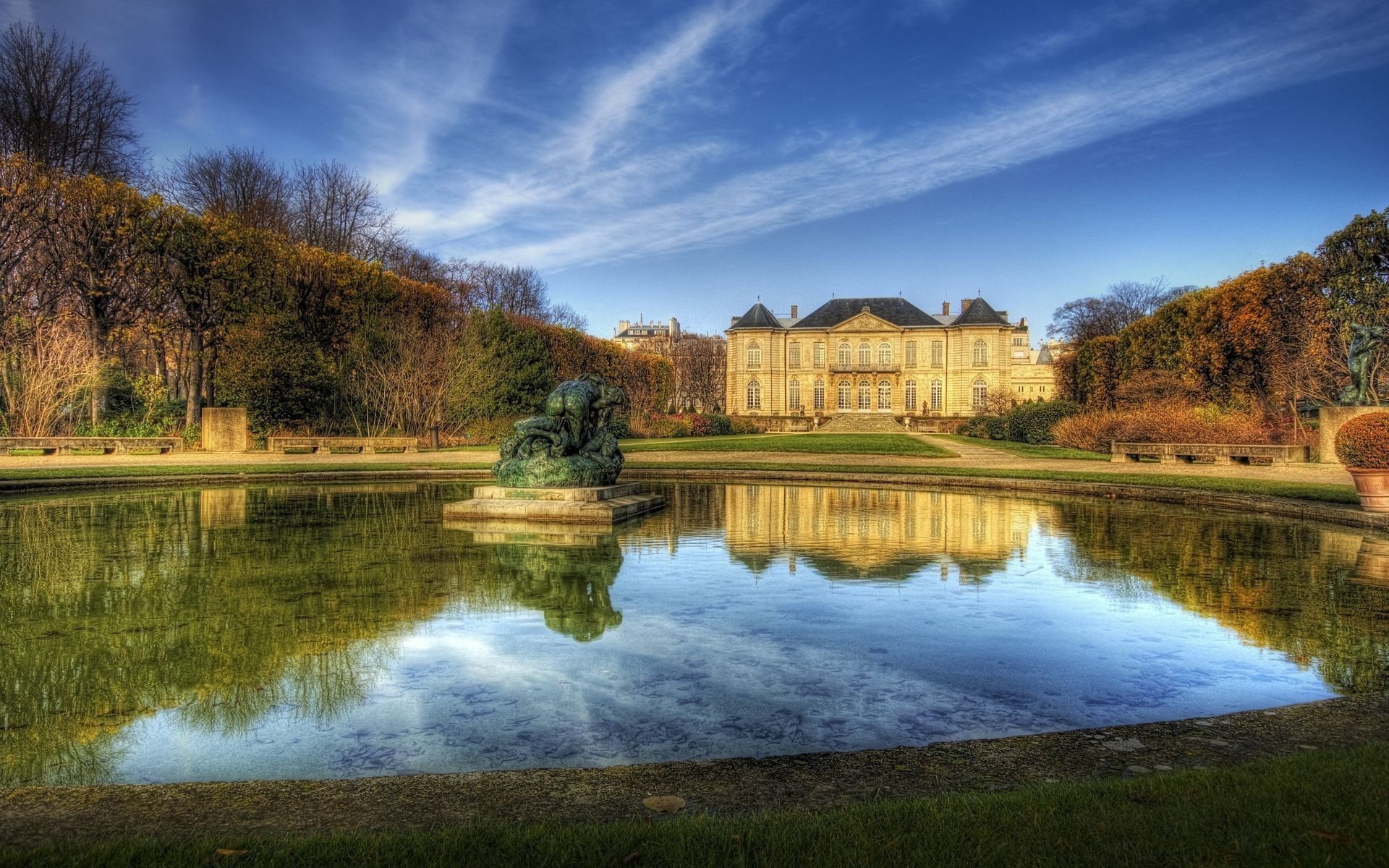 scenics - nature, mansion, landscape, reflection, home, architecture, no people, built structure, residential district, building, house, water, nature landscape building castle trees clouds mansions paris france lake sculpture hdr park garden grass reflection fall bench chateau rodin, HD Wallpaper