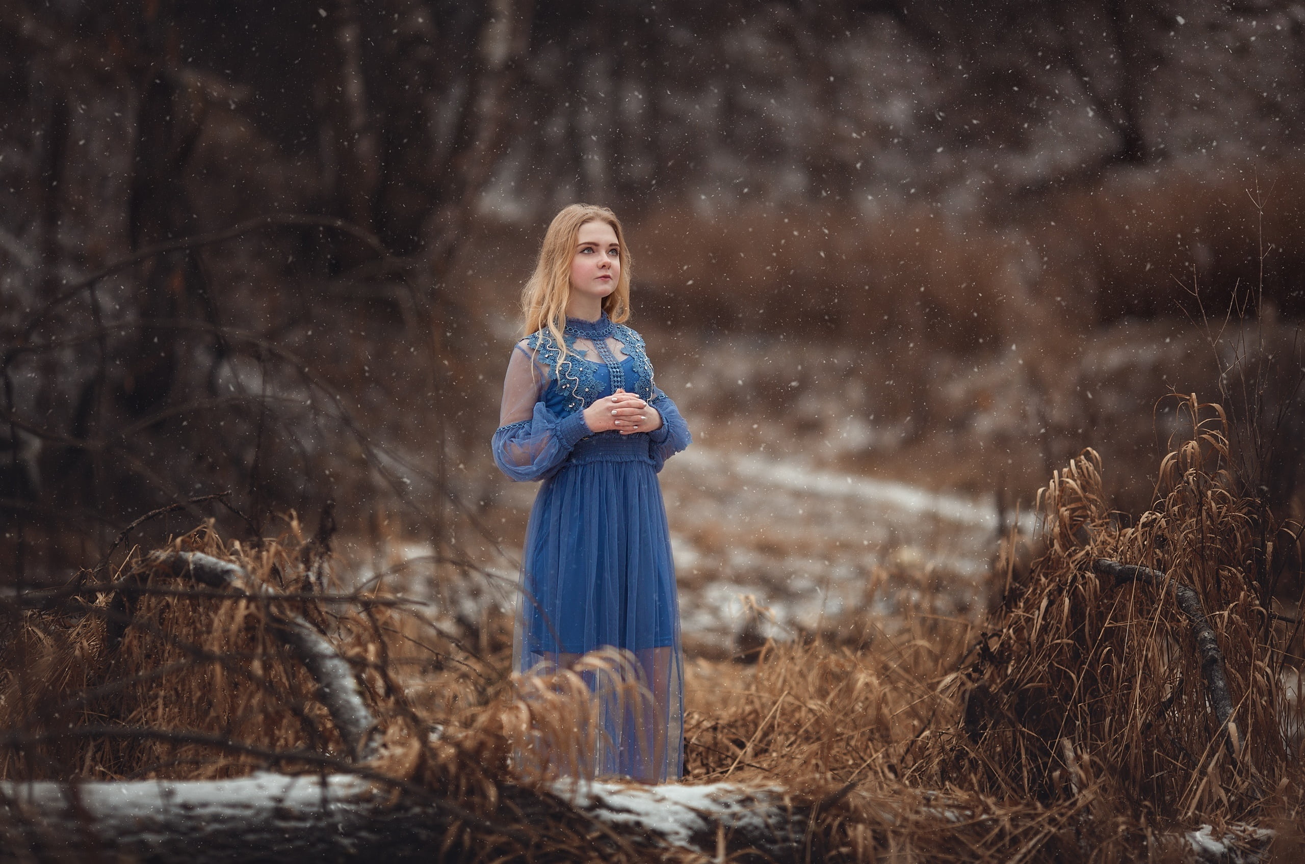 2K, oleg rodin, forest, blue dress, winter, snow flakes, women, blonde, women outdoors, HD Wallpaper