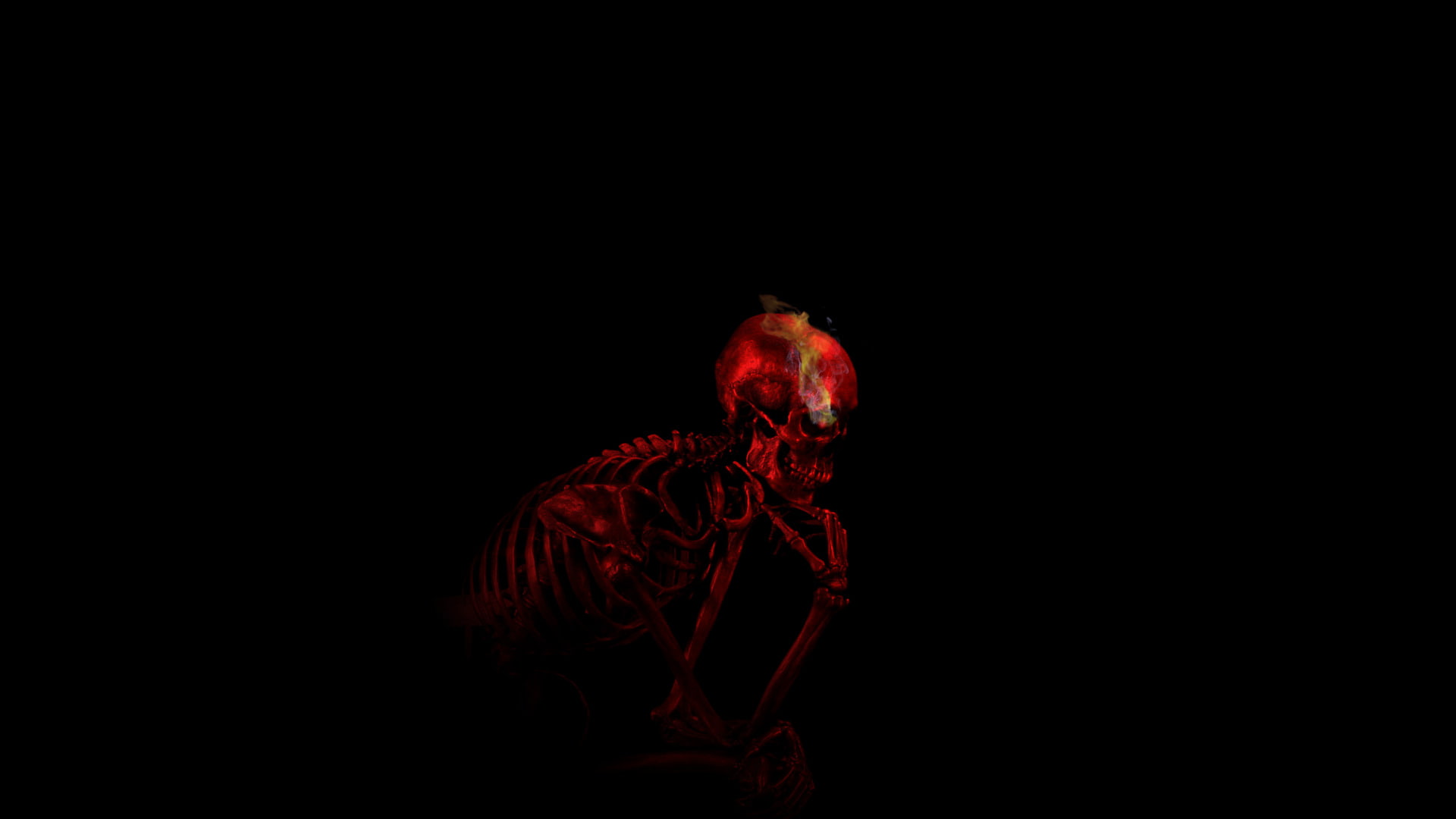 1080P, thinking ribs teeth auguste rodin digital art skull black background minimalism red skeleton smoke bones imagination, HD Wallpaper