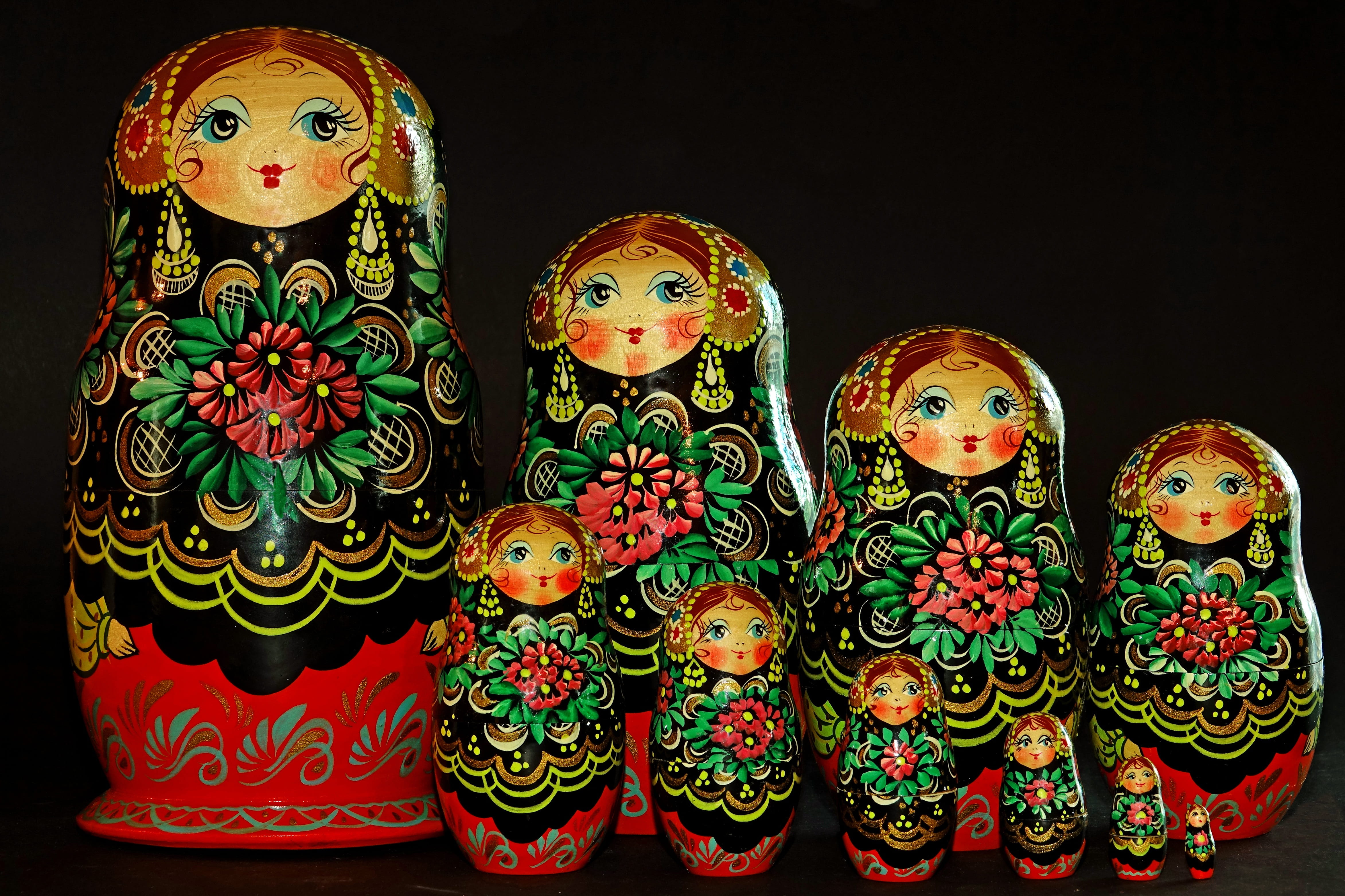 craft, female likeness, babuschka, russian doll, black background, variation, for sale, still life, creativity, 4K, large group of objects, sale, traditionally, HD Wallpaper