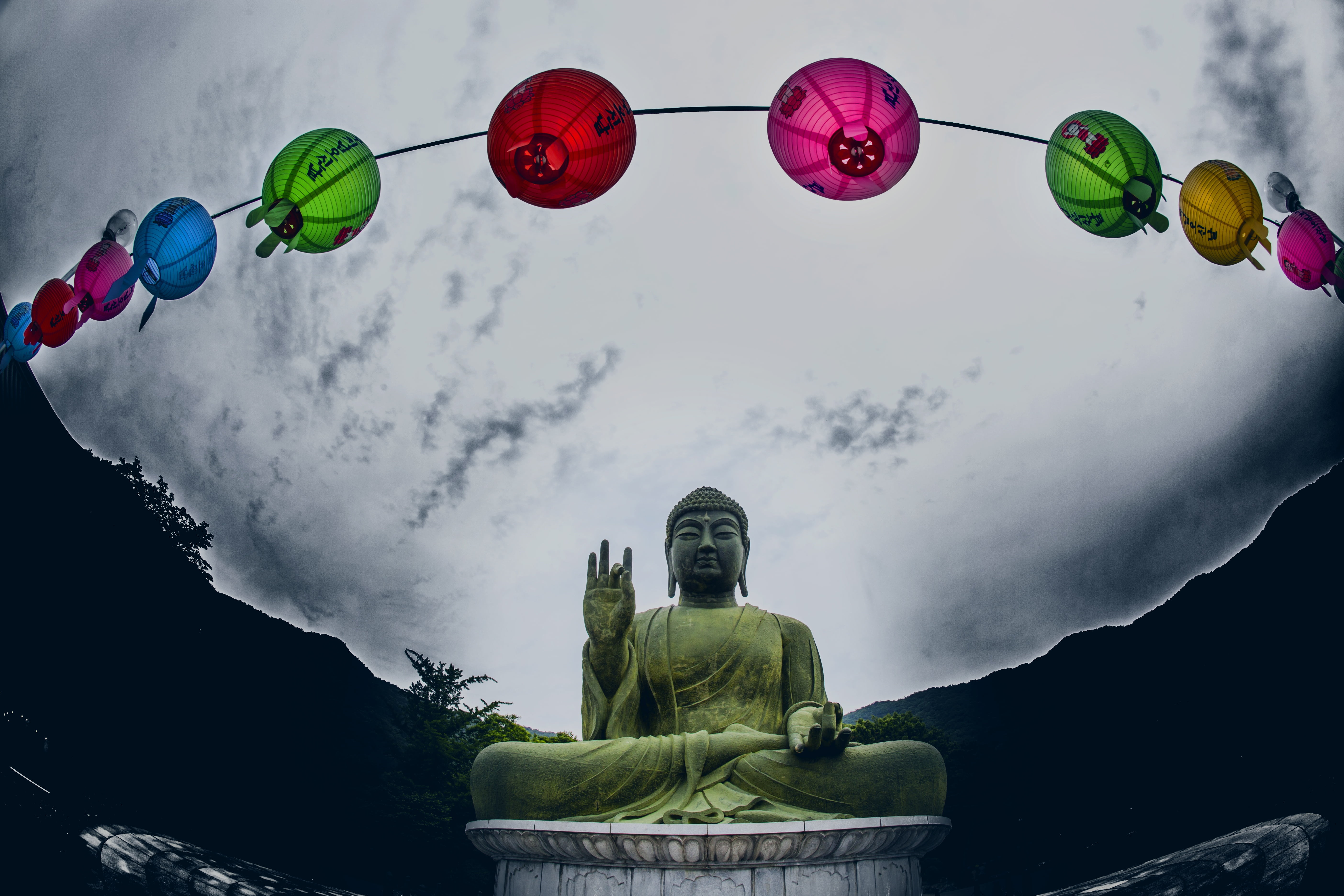 5K, no people, multi colored, architecture, decoration, religion, sky, cloud - sky, outdoors, lighting equipment, low angle view, bronze buddha, lantern, HD Wallpaper
