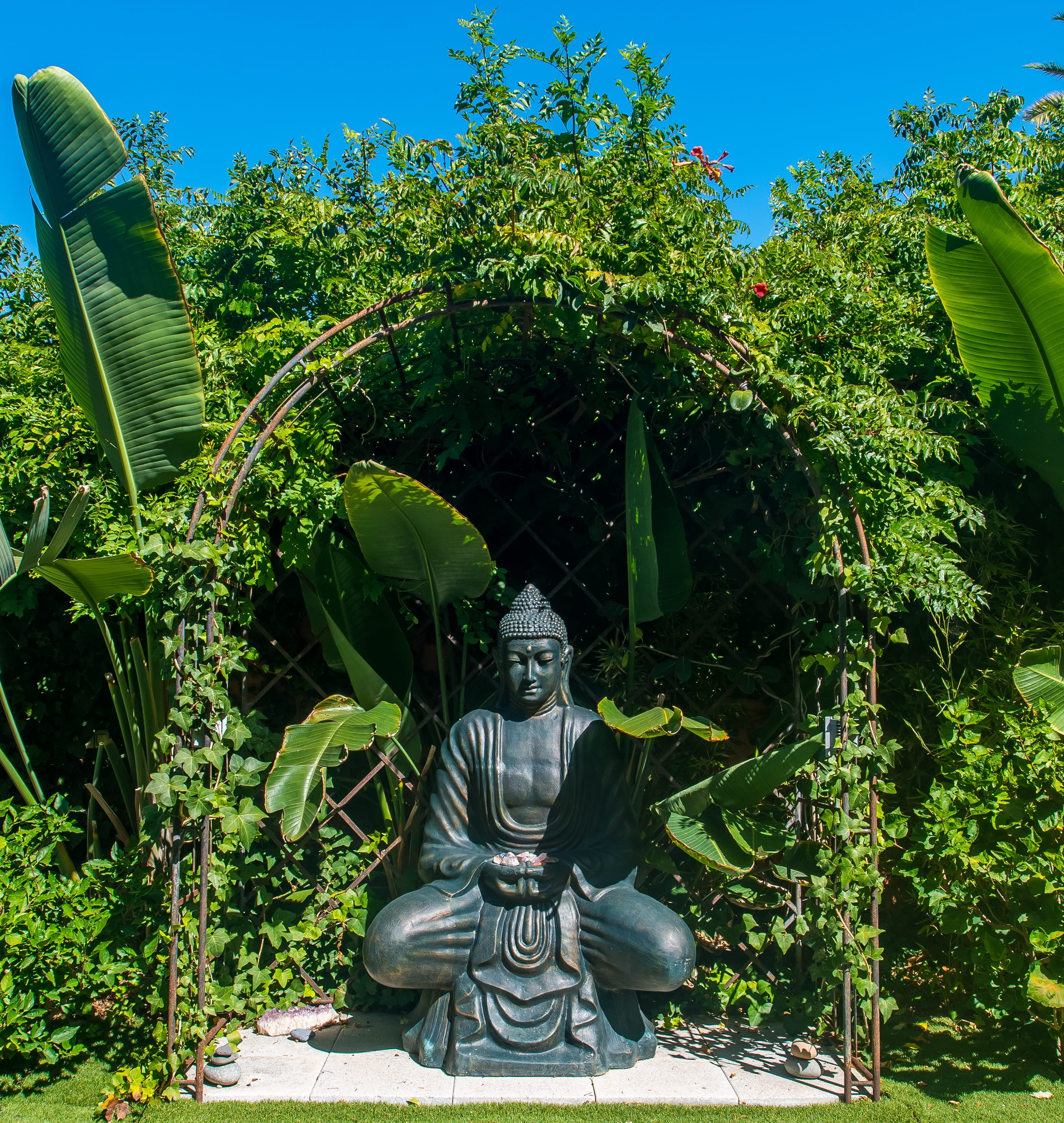 no people, worship, buddhism, male likeness, outdoors, day, buddha, representation, rest, green color, growth, religion, faith, nature, statue, stone figure, Phone HD Wallpaper