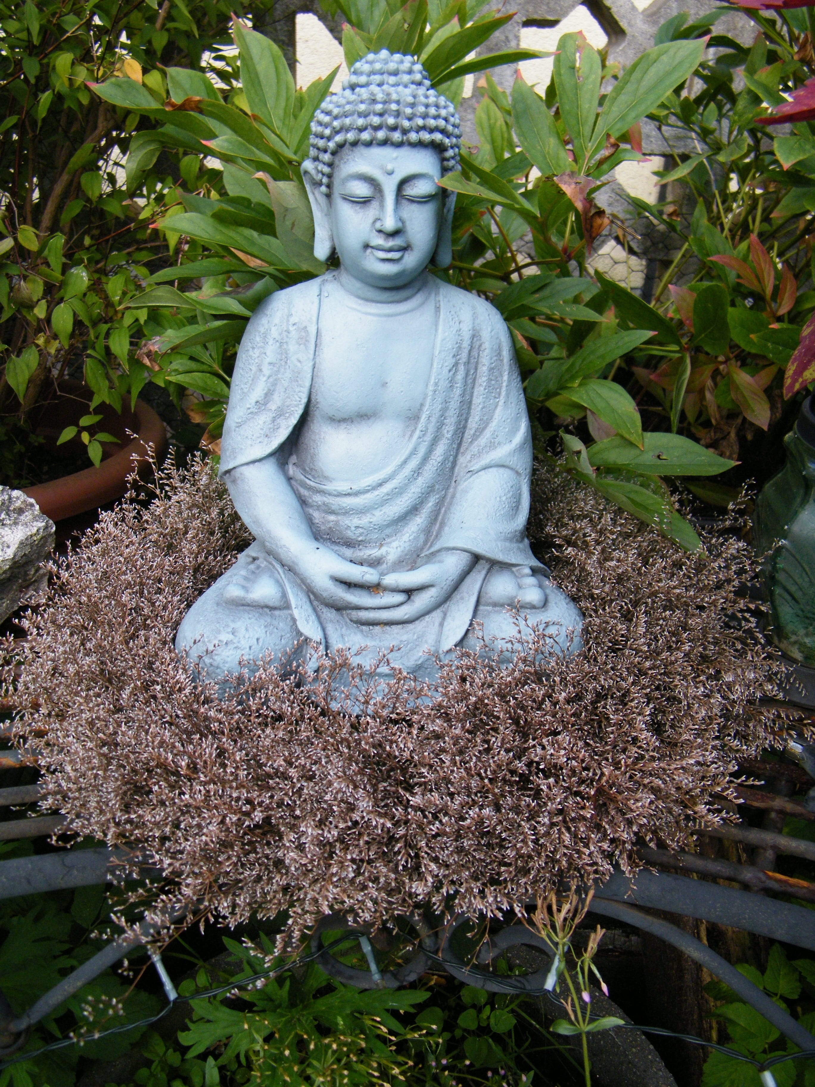 idol, budda, statue, plant, male likeness, art and craft, wreath, no people, day, leaf, human representation, growth, outdoors, sculpture, nature, creativity, Phone HD Wallpaper