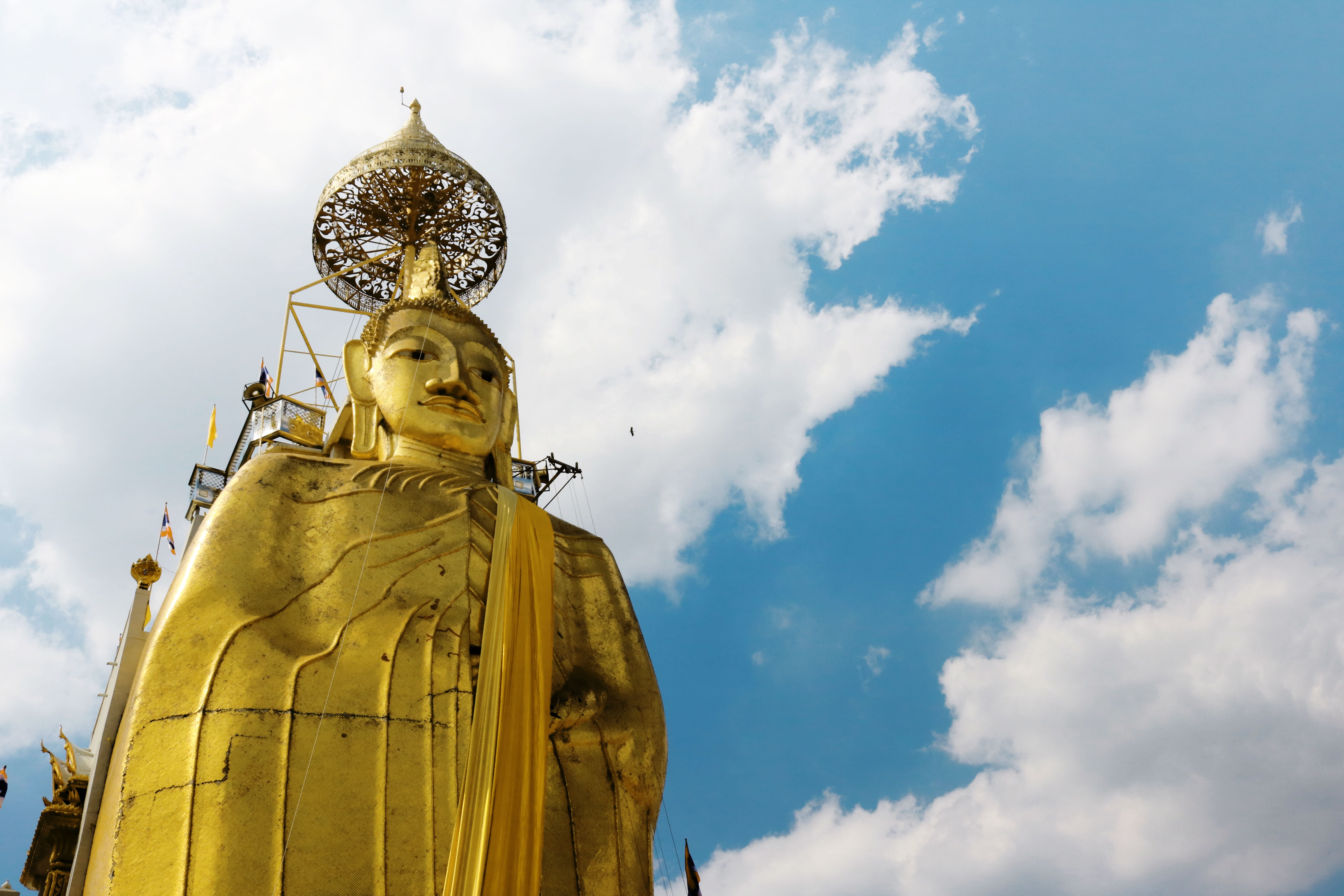 nature, cloud - sky, travel destinations, low angle view, religion, representation, art and craft, statue, 5K, sky, gold colored, male likeness, Thailand, HD Wallpaper