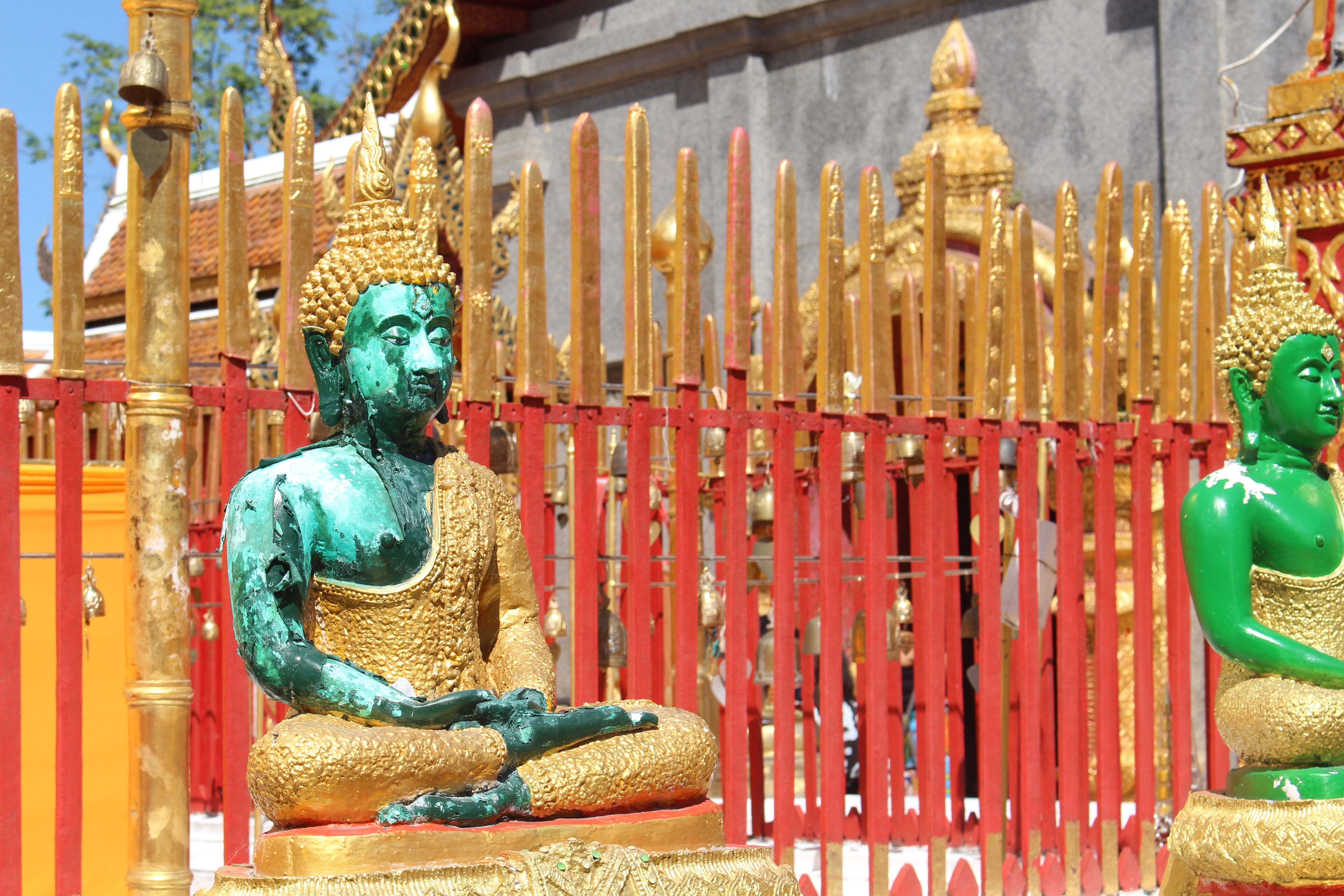 male likeness, buddha head, art and craft, buddhism, building, idol, travel destinations, place of worship, 5K, built structure, Gold, history, chiang mai, HD Wallpaper