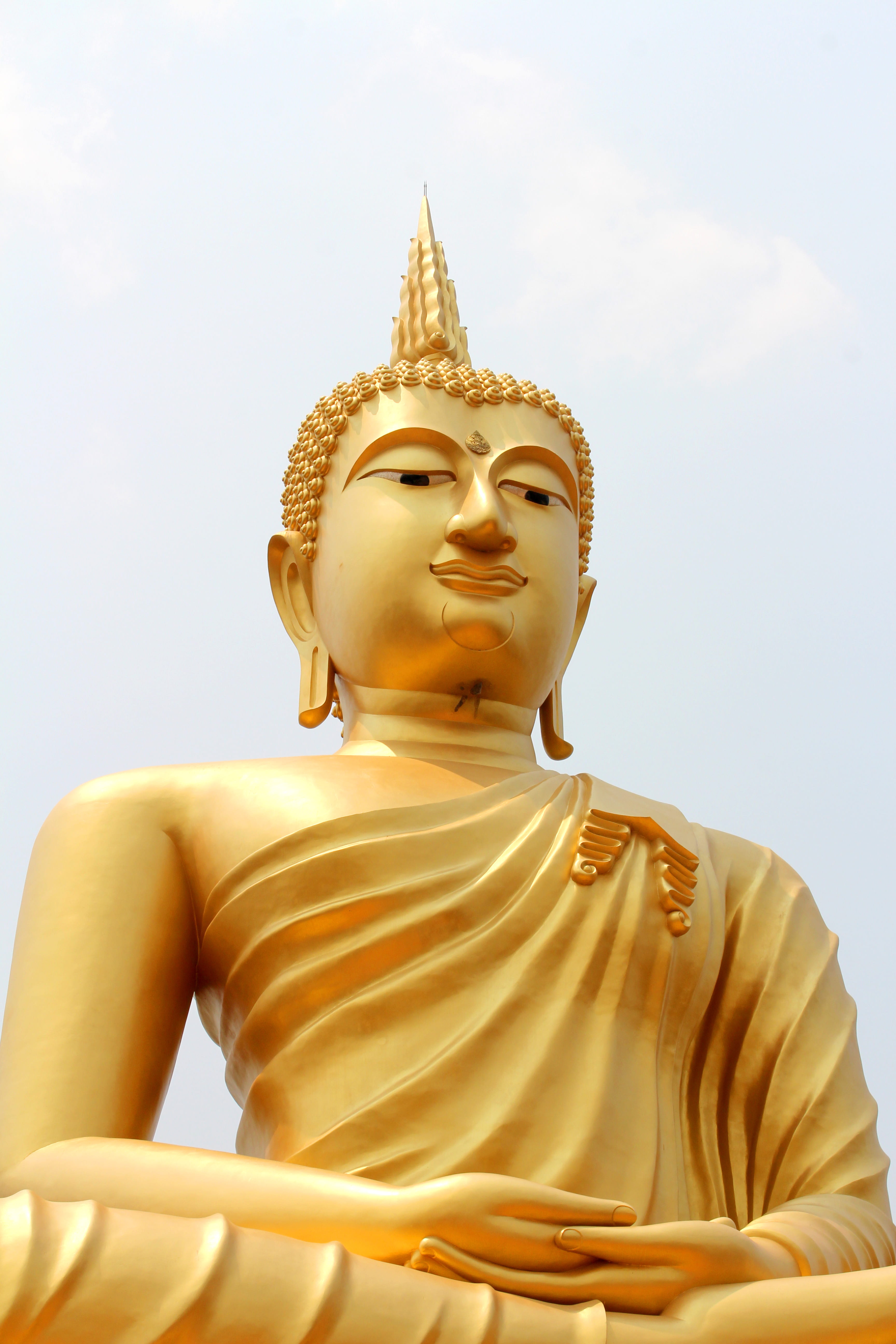 faith, close -up, ancient, art and craft, culture, sacred, antique, idol, 5K, human representation, sky, gold colored, low angle view, asia, landmark, Phone HD Wallpaper