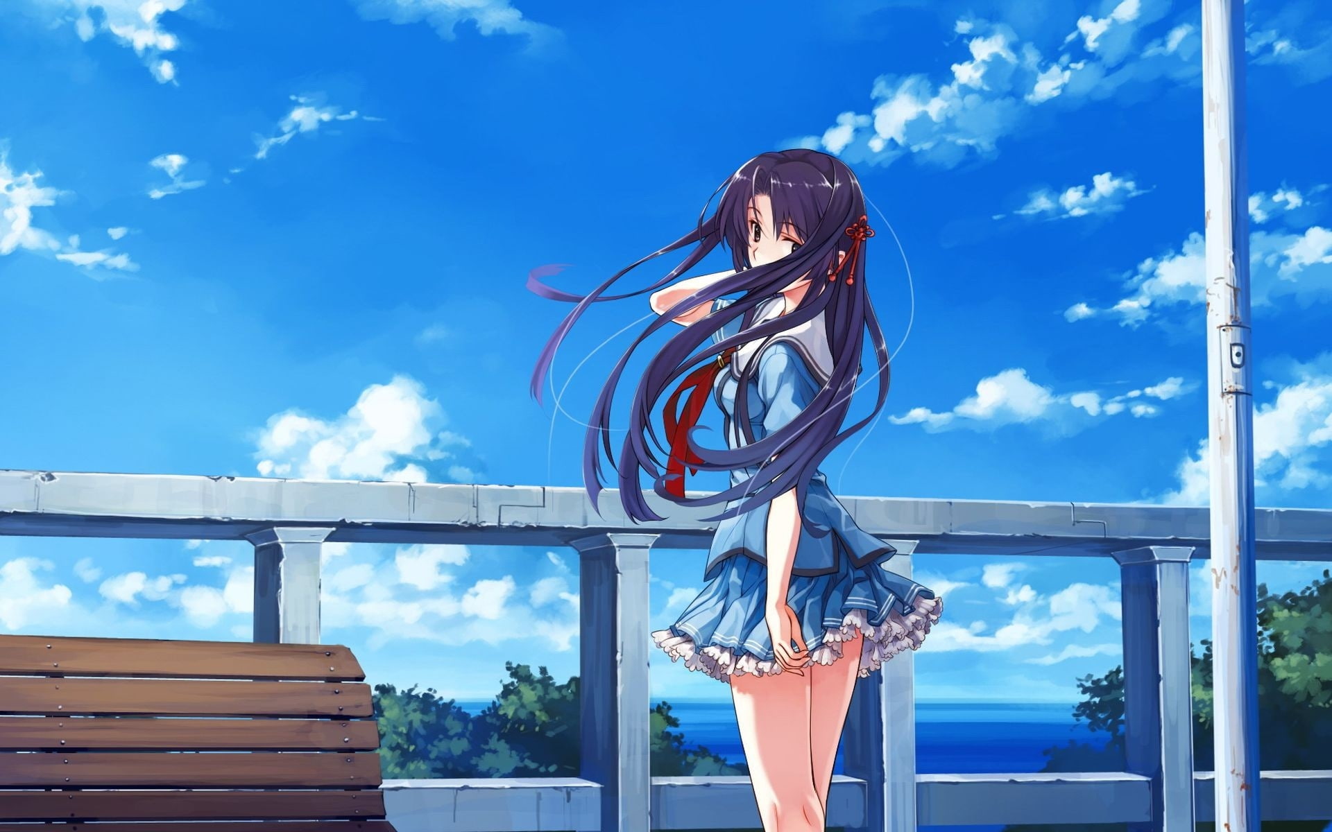 skyscapes, 1080P, made, nan, misaki, hd, girls, games, mile, Video Games, video, anime, k, suiheisen, kurehito, schoolgirls, nature, sky, art, bench, HD Wallpaper