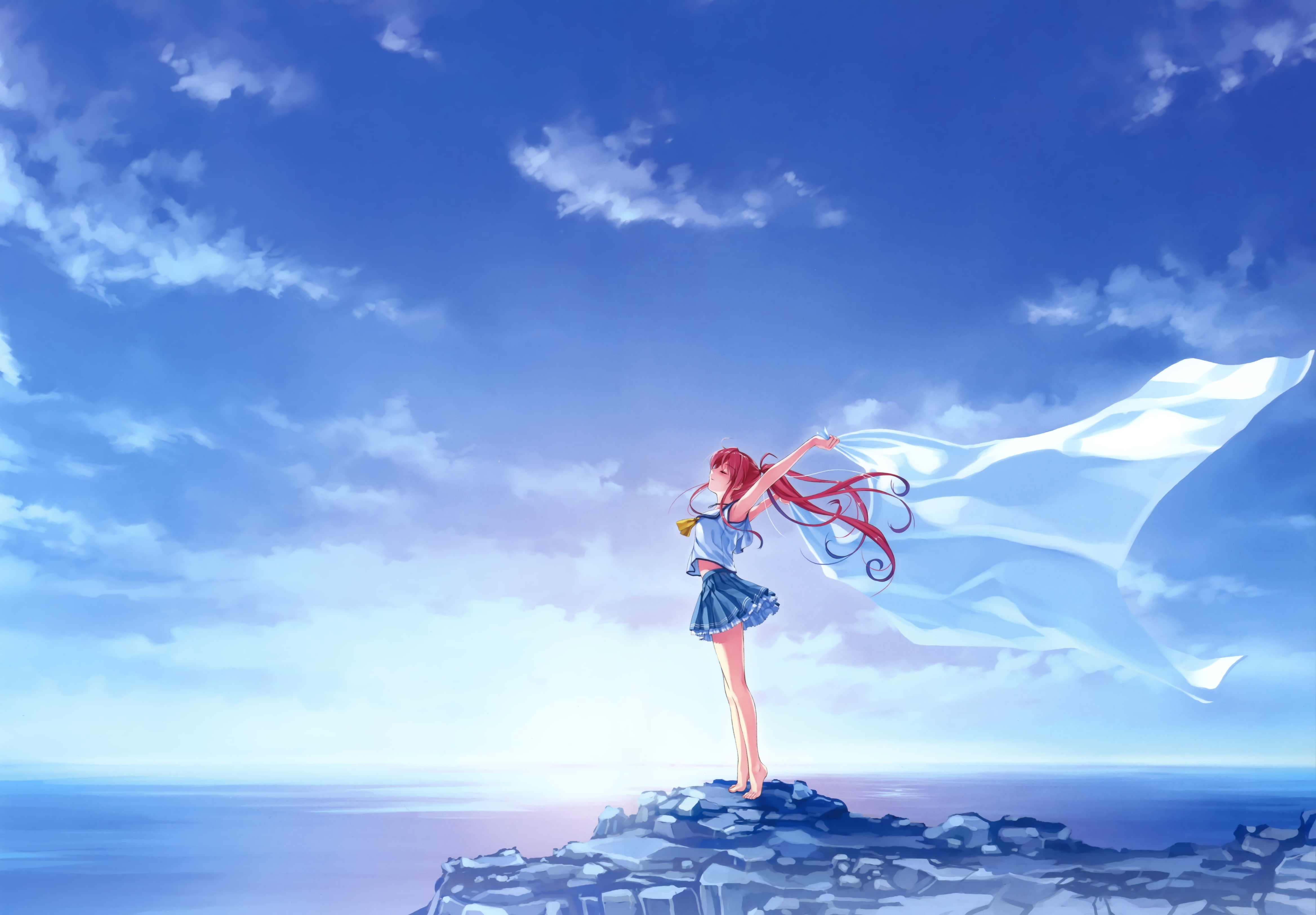 miyamae tomoka, clouds, Anime, sky, redhead, Suiheisen made Nan Mile, 4K, visual novel, HD Wallpaper