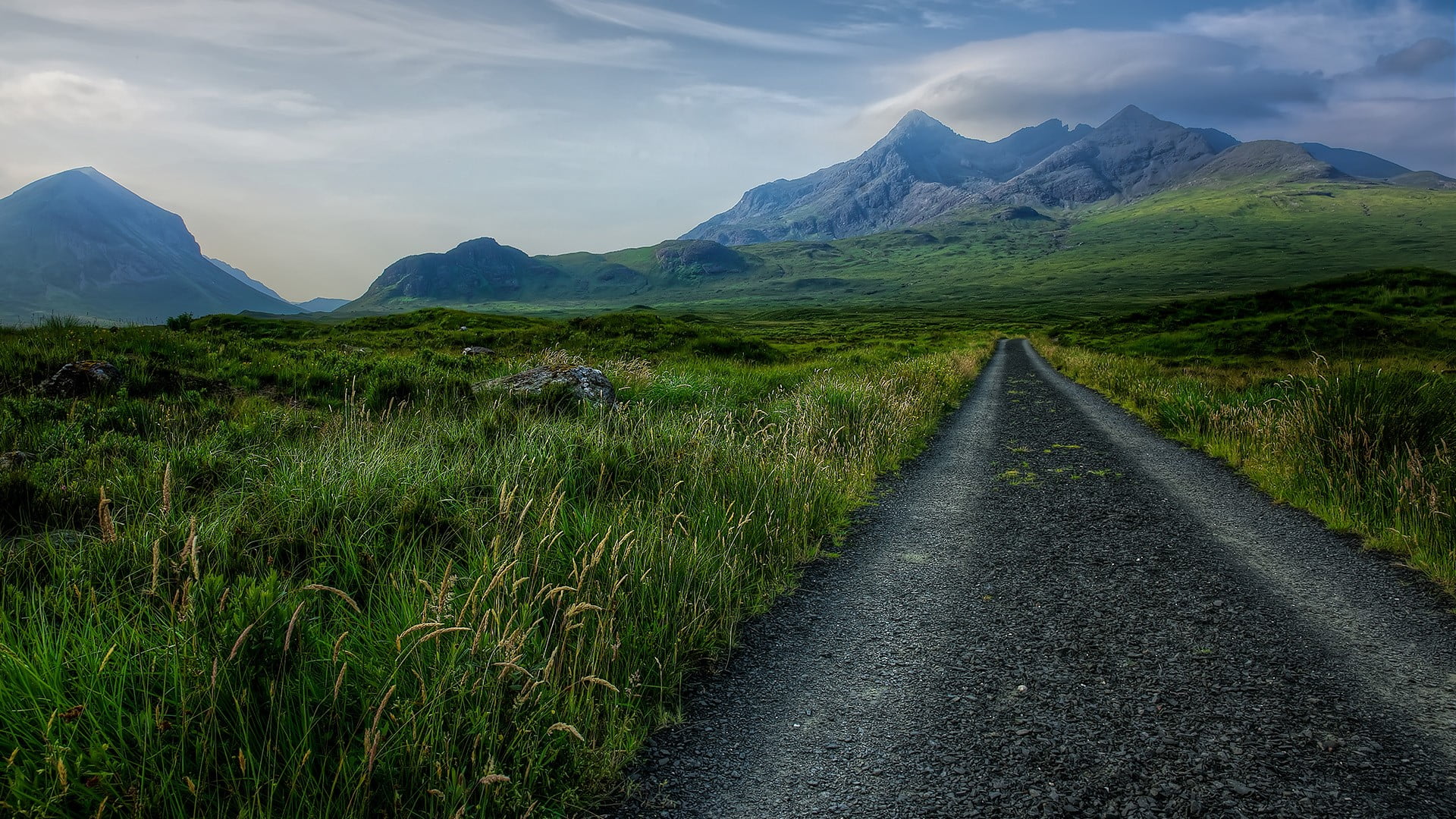 grass, 1080P, Sgùrr nan Gillean, nature, sky, clouds, landscape, UK, Skye, Scotland, mountains, rocks, road, plants, HD Wallpaper