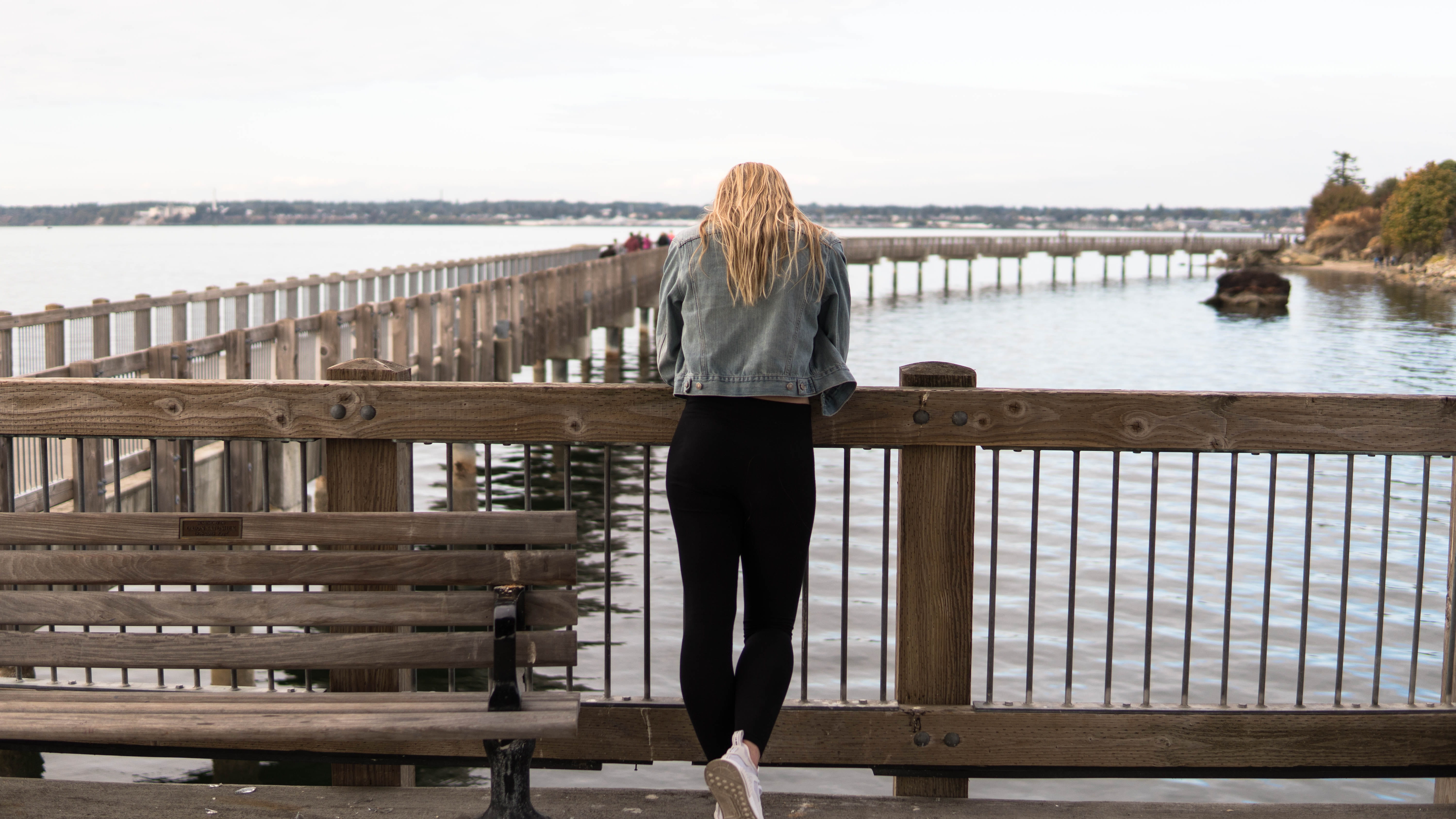 fairhaven, looking, peoples, looking out, full length, nature, blond hair, bench, water, hair, hairstyle, long hair, standing, fence, looking at view, women, HD Wallpaper