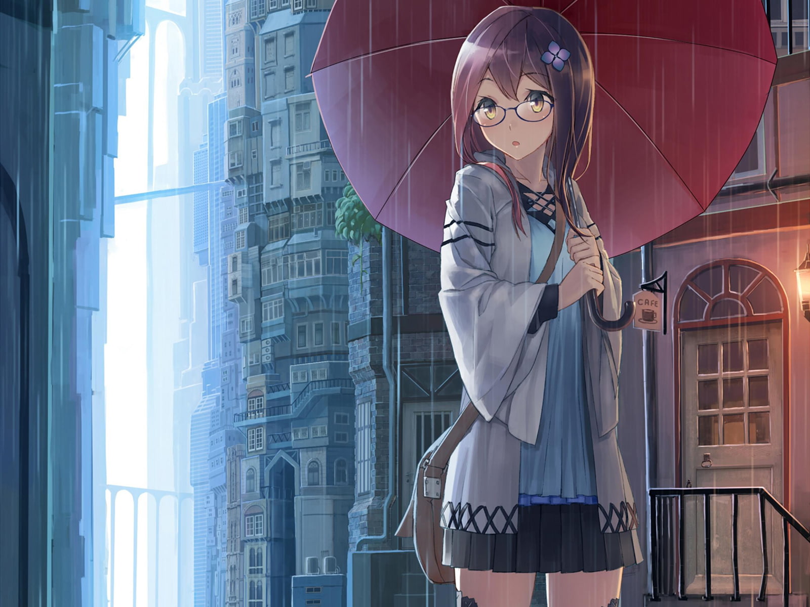 anime, hd, rain, glasses, female, 720P, umbrella, cartoon/comic, character, HD Wallpaper