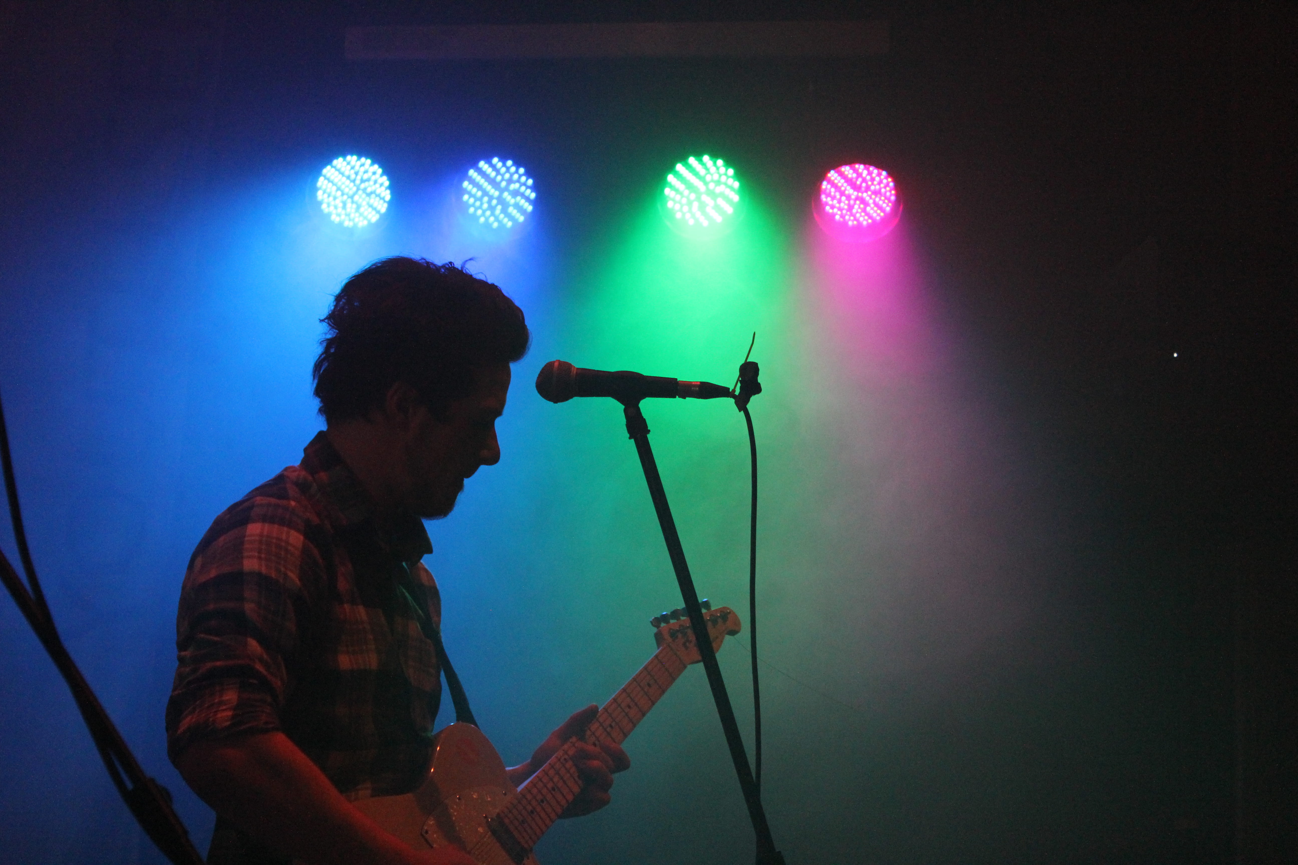 night, man, lighting equipment, nightlife, performance, 5K, edgy, singing, guitar, performing arts event, pink, lights, mist, leisure activities, plucking an instrument, HD Wallpaper