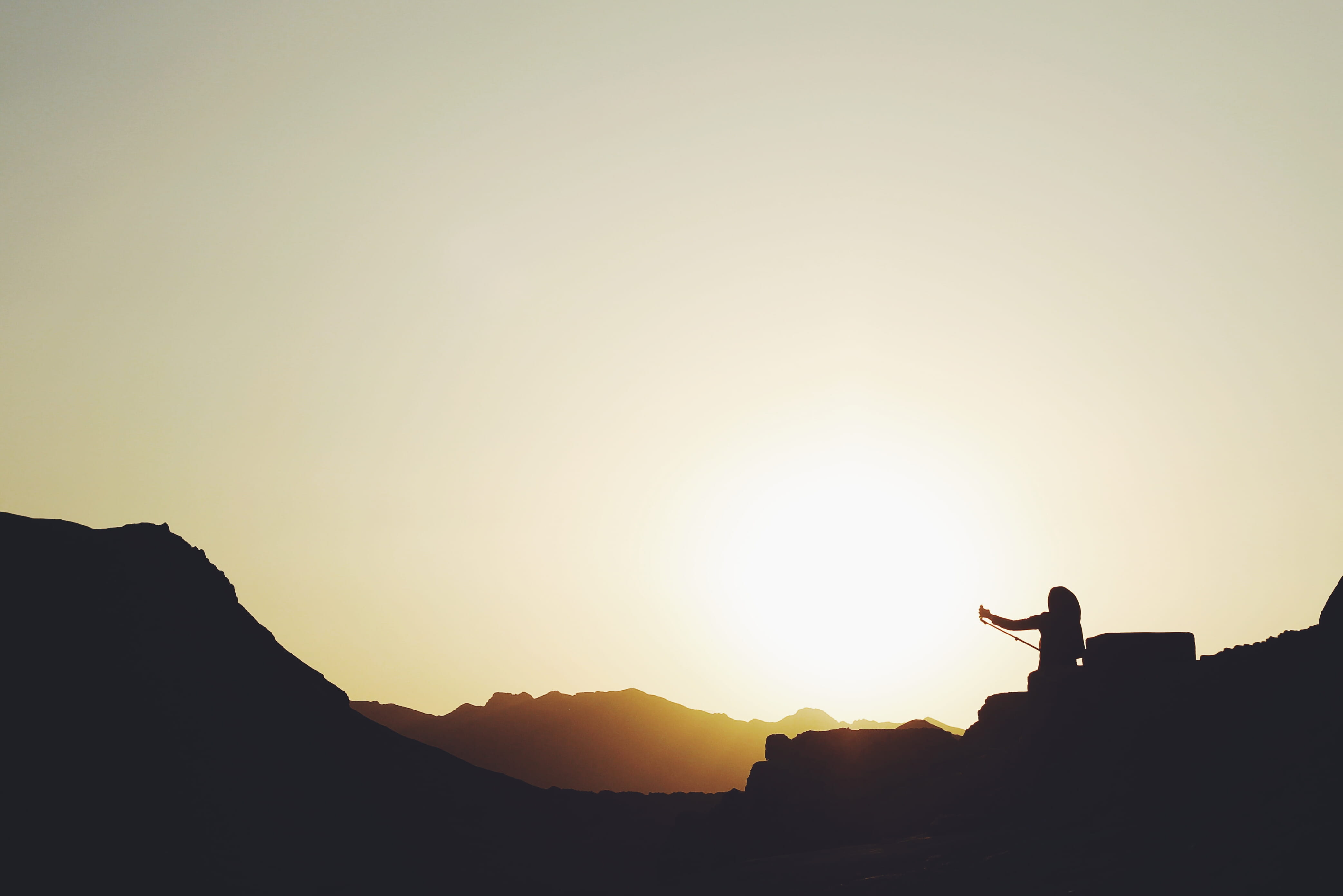 4K, iran, silhouette, leisure activity, one animal, orange color, sun, real people, woman, sky, yazd, scenics - nature, selfie stick, outdoors, mountain, HD Wallpaper