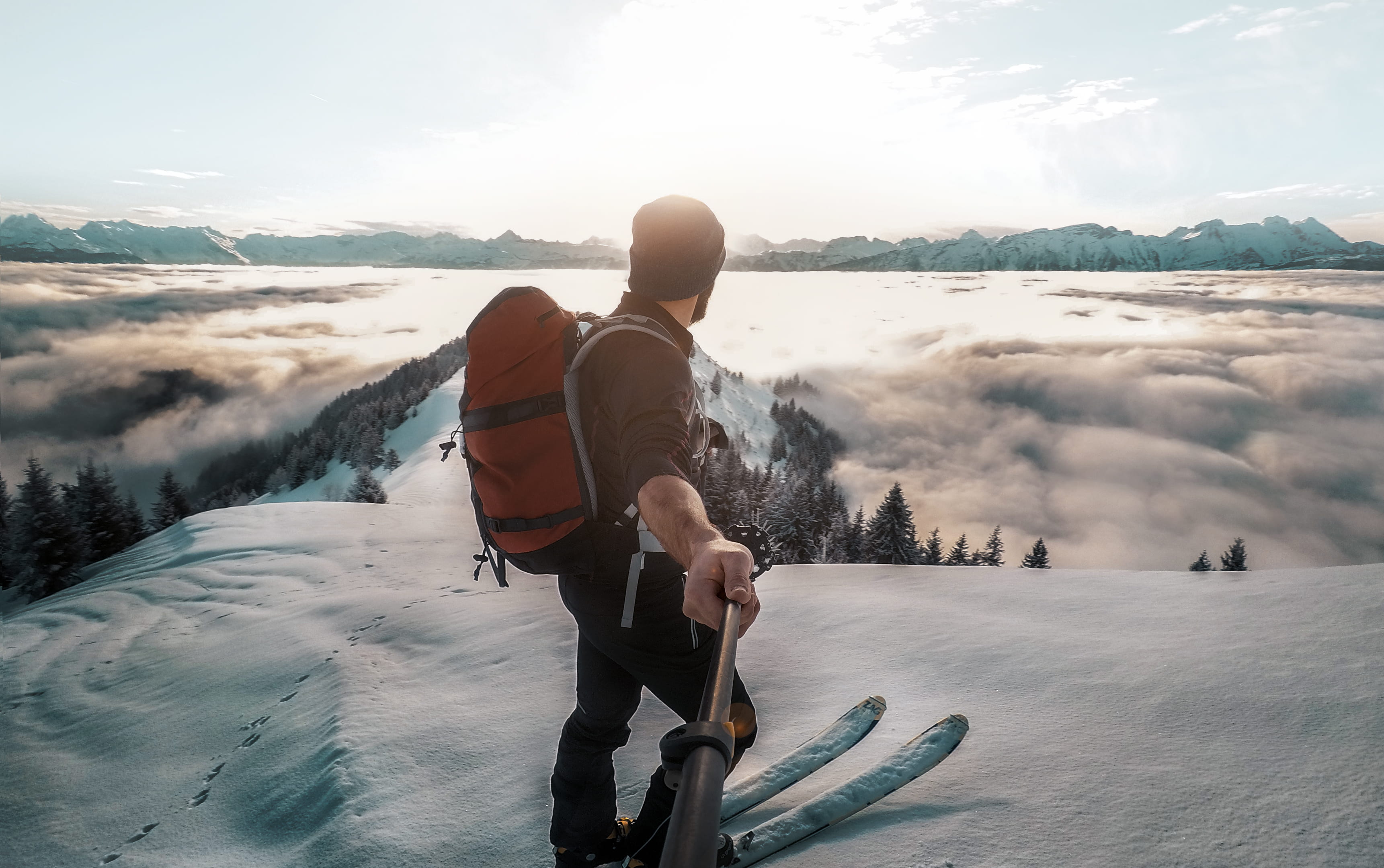 nature, cloud - sky, sun, holding, covered, hill, snow, man, daytime, beauty in nature, selfie, riding, aerial, front, standing, sport, people, stick, outdoors, HD Wallpaper