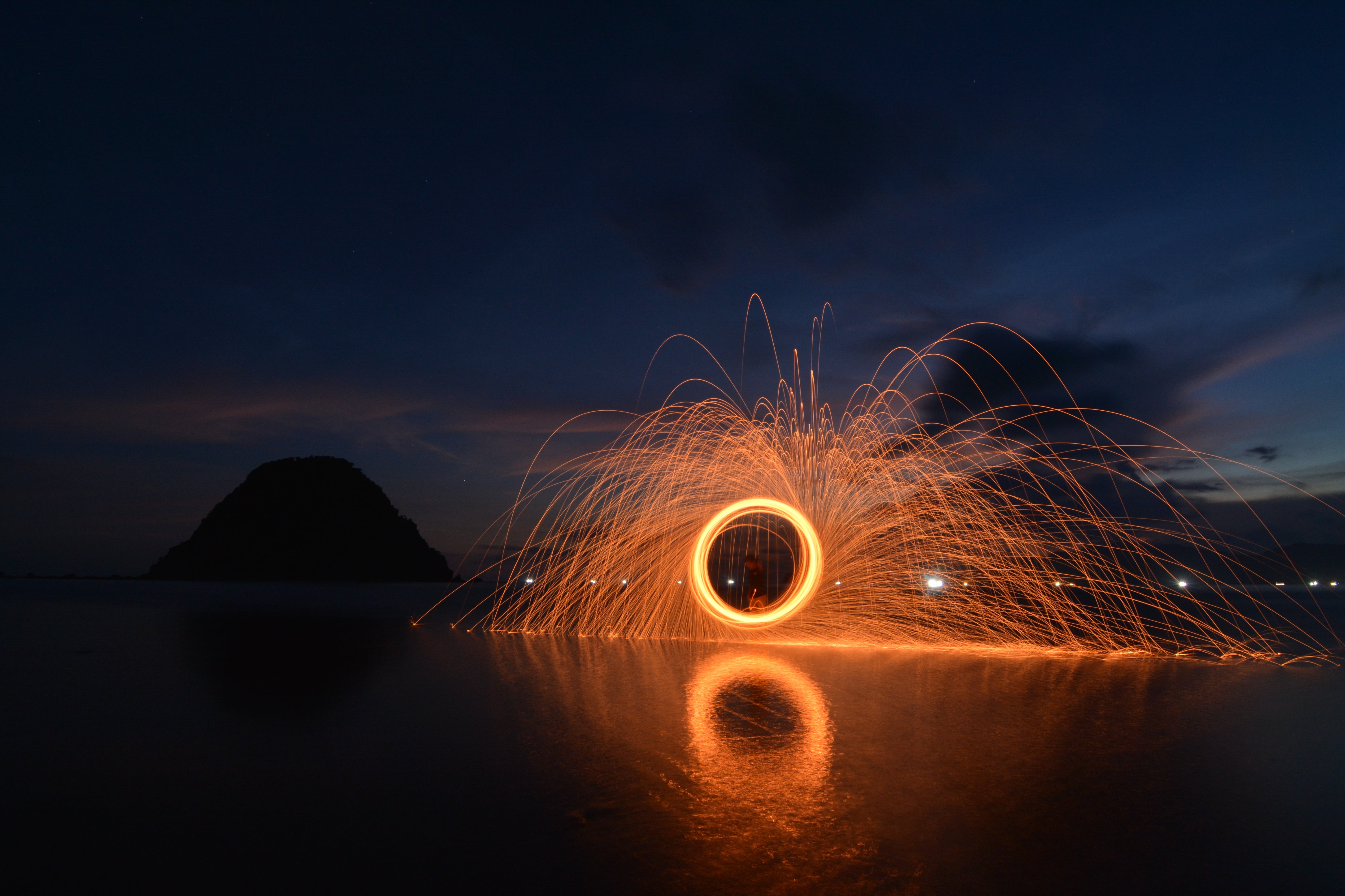 tropical, ocean, orange color, summer, spinning, motion, orange, night, outdoors, photo, island, view, wire wool, sand, sky, long exposure, water, holiday, HD Wallpaper