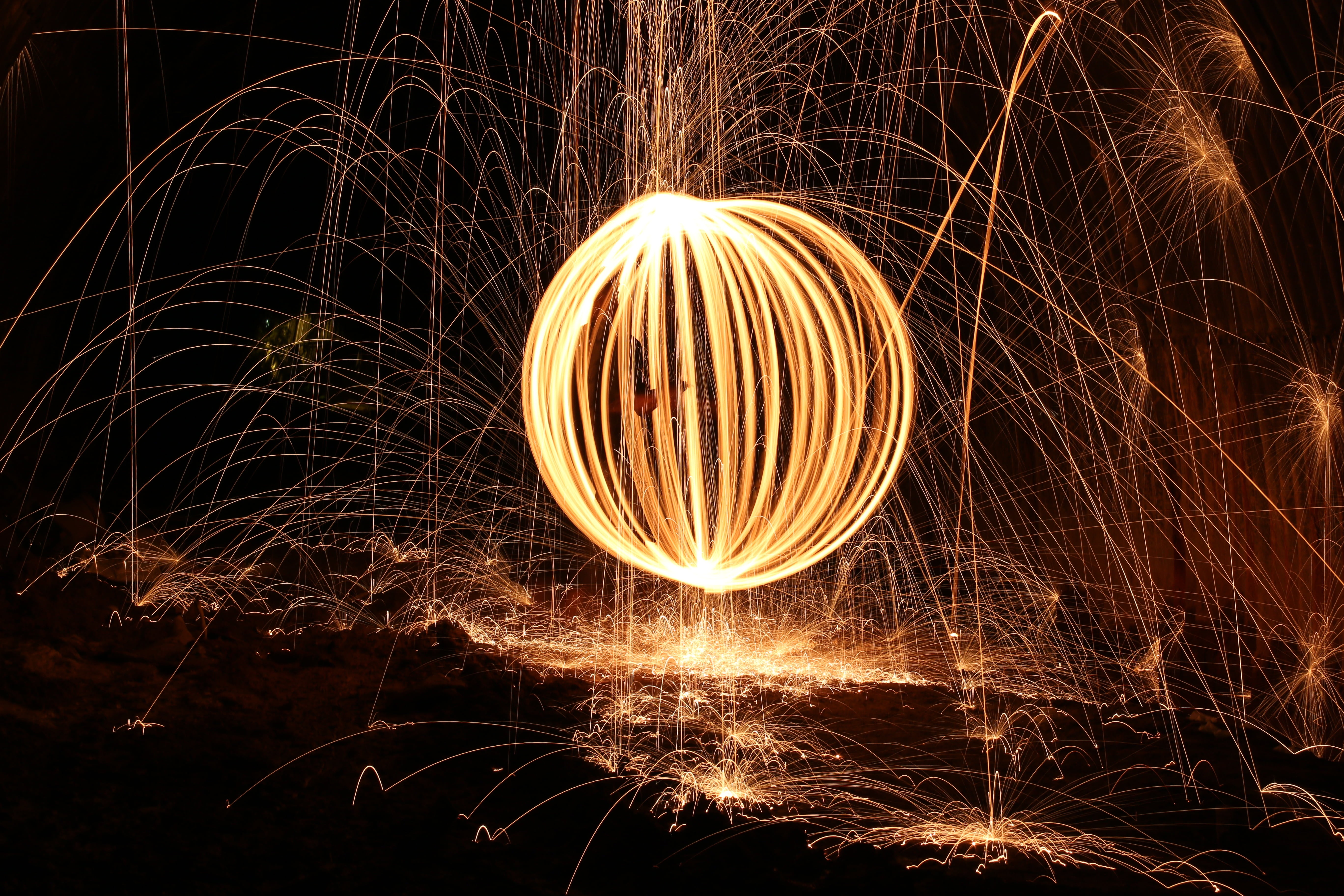 brown, wire wool, fireworks, steelwool, spinning, firework - Man Made Object, blurred motion, art, nature, firework, firespin, flame, sparkler, outdoors, HD Wallpaper