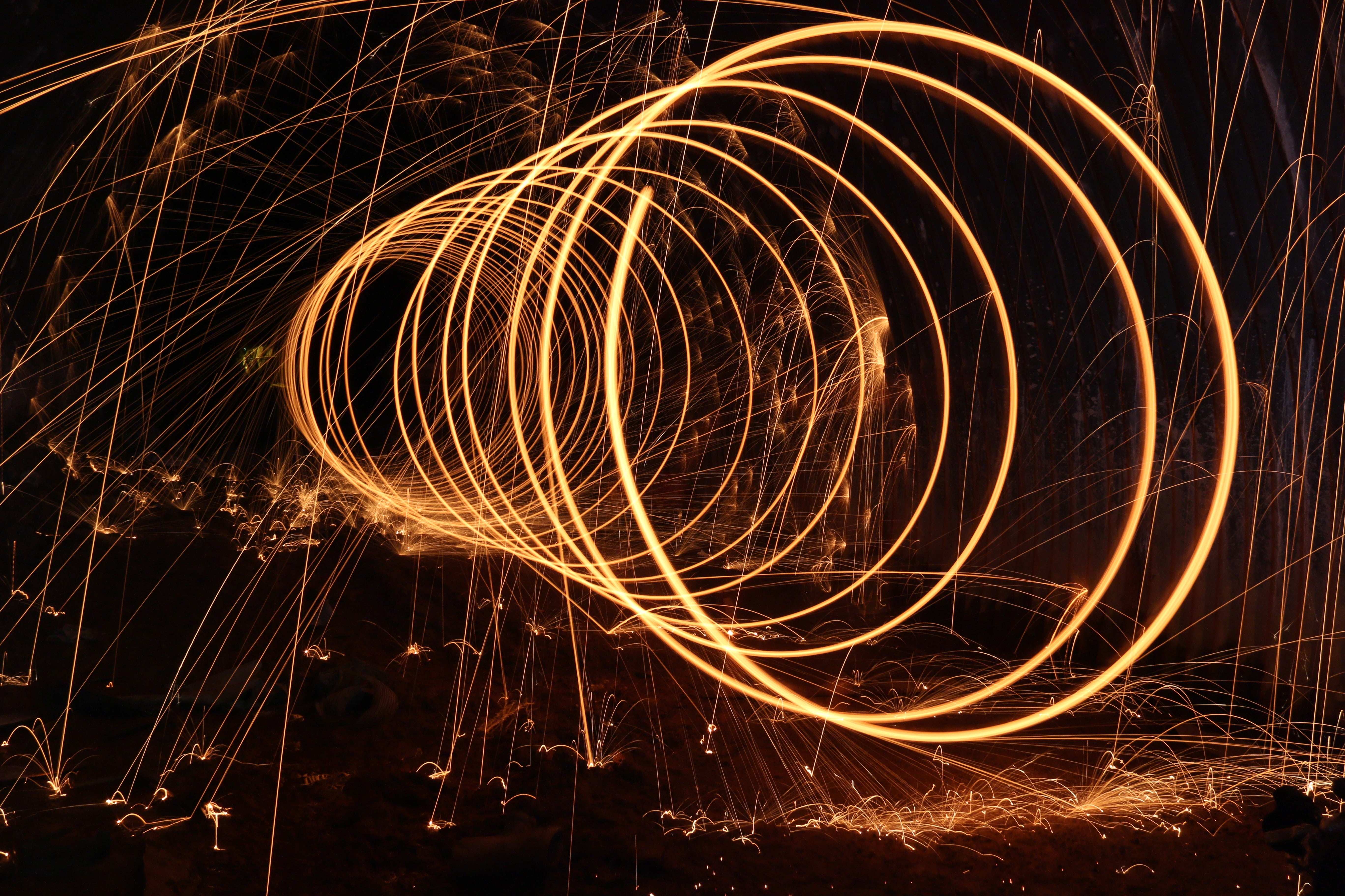 firework, 5K, fire - natural phenomenon, steelwool, lights, creativity, sparks, motion, burning, no people, abstract, speed, steel, long exposure, firespin, HD Wallpaper