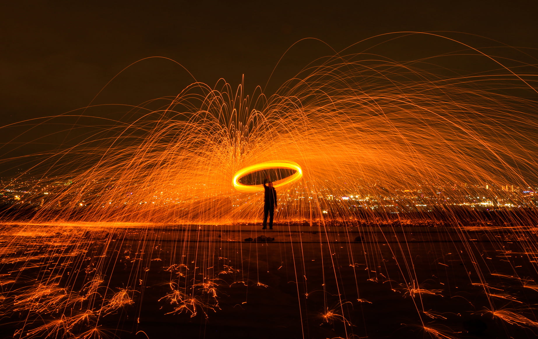 hot, sparkler, man, circle, communication, 720P, speed, outdoors, spinning, fire, light trail, nature, blurred motion, orange color, sparkle, glowing, HD Wallpaper