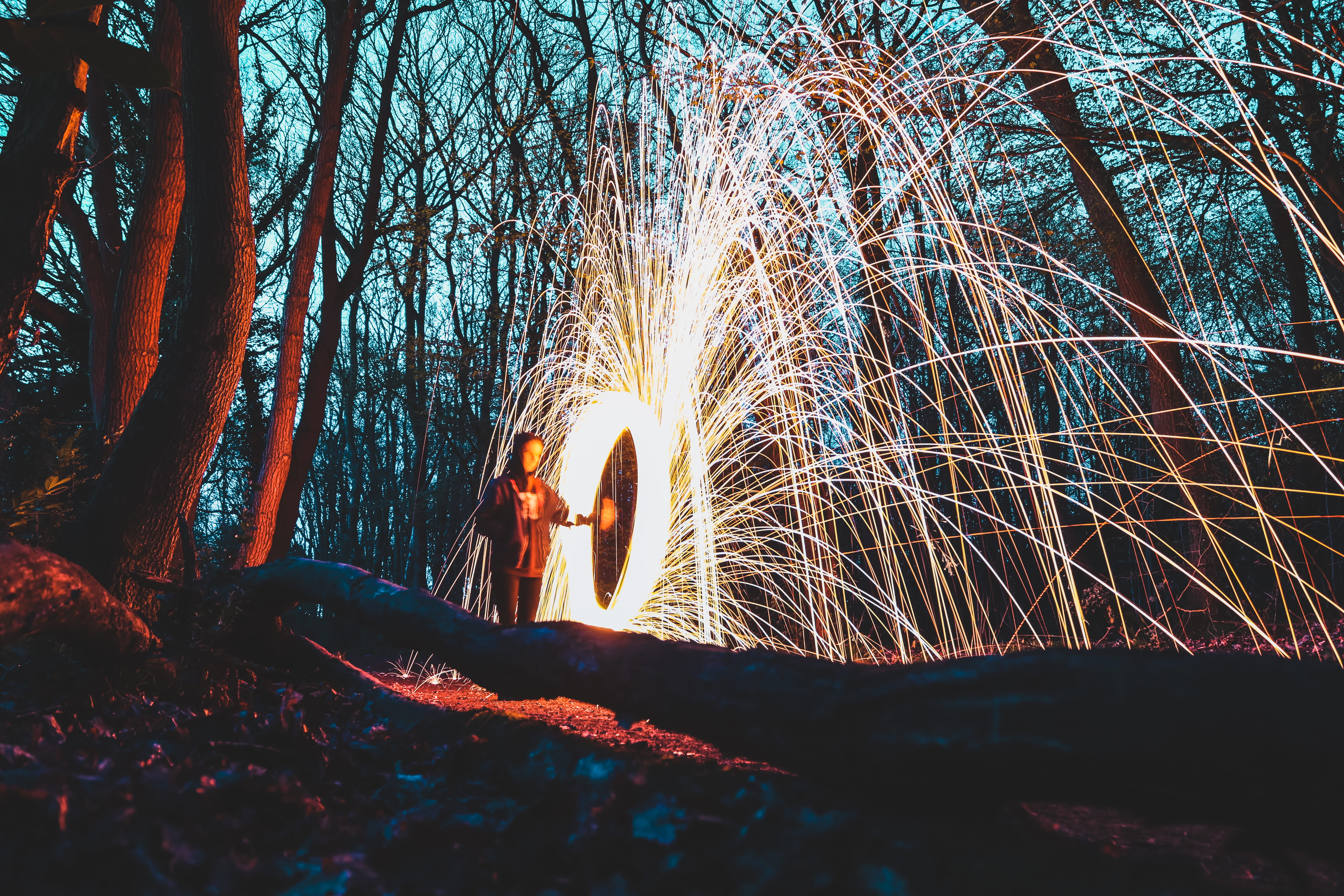 land, middle, fireworks, light, outdoors, motion, burning, holding, tree, nature, forest, plant, adult, one person, fire, fire - Natural Phenomenon, men, HD Wallpaper