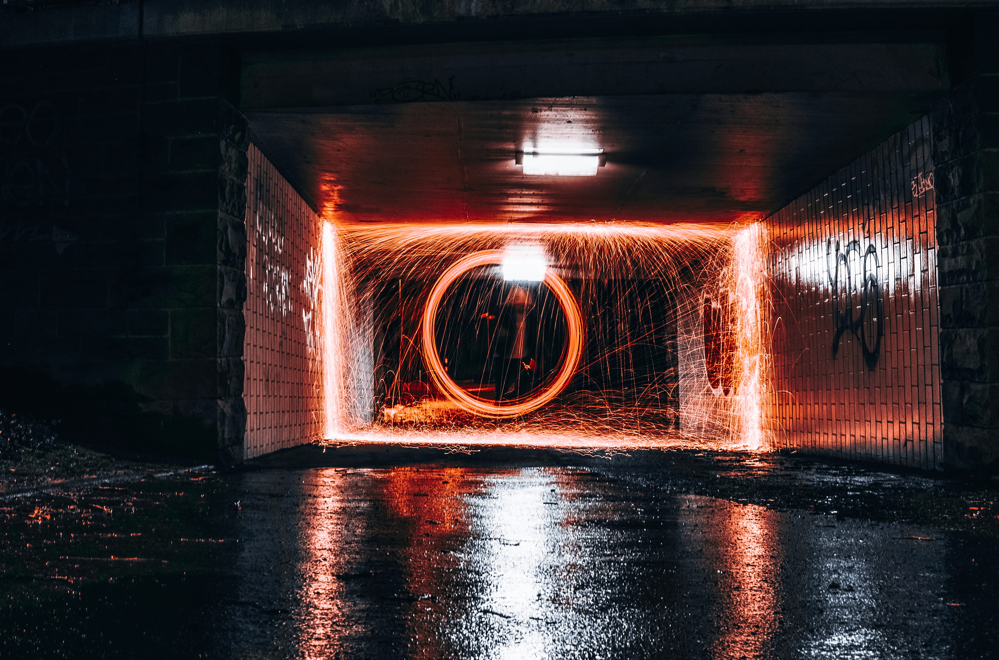 orange color, motion, no people, spinning, street, speed, built structure, wire wool, strange, still, photography, man, tunnel, glowing, architecture, light painting, HD Wallpaper