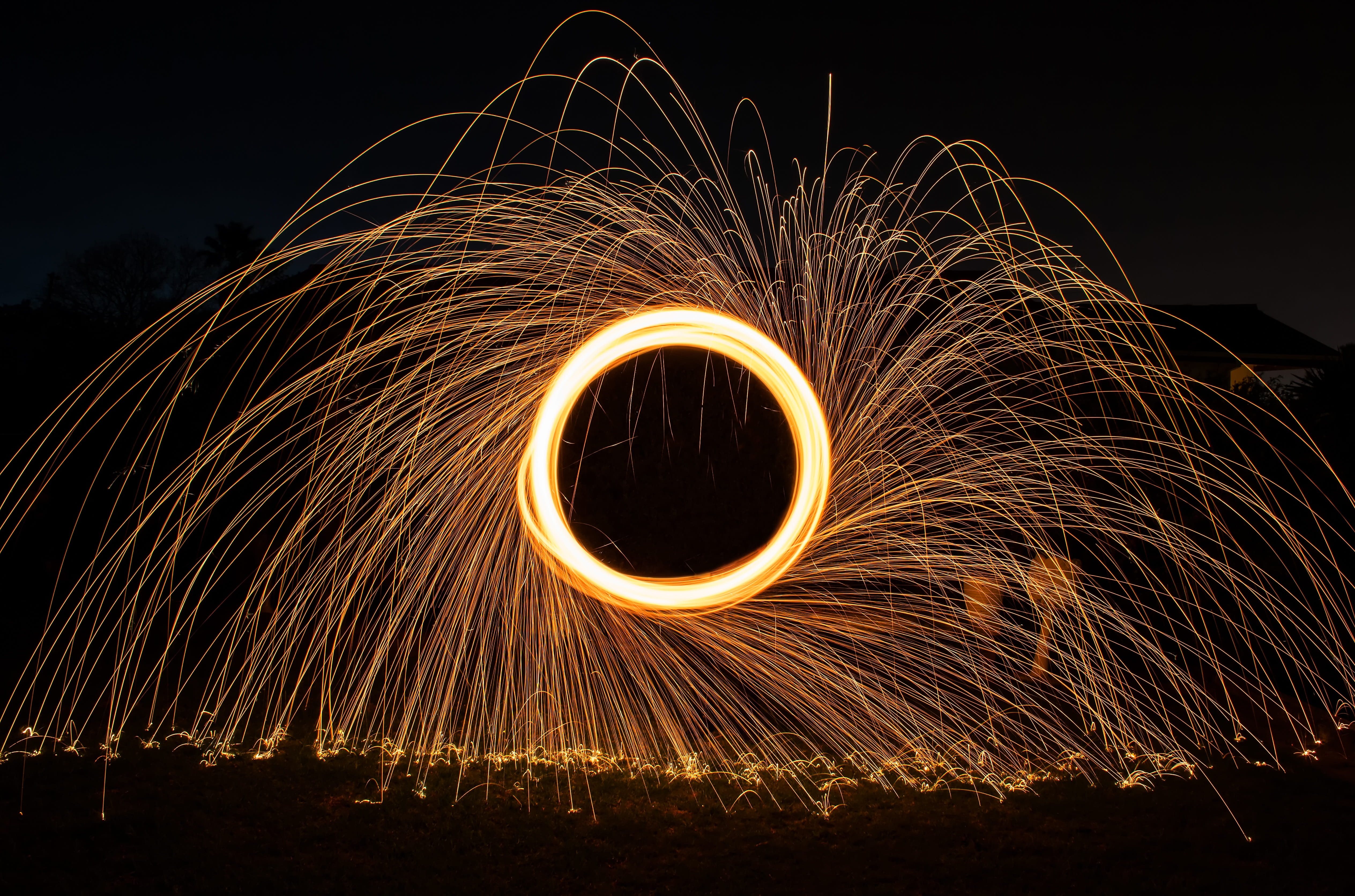 night, firework display, texture, sign, skill, embers, pattern, communication, shape, dark, fire, blazing, 4K, firespin, long exposure, circle, hot, blaze, HD Wallpaper