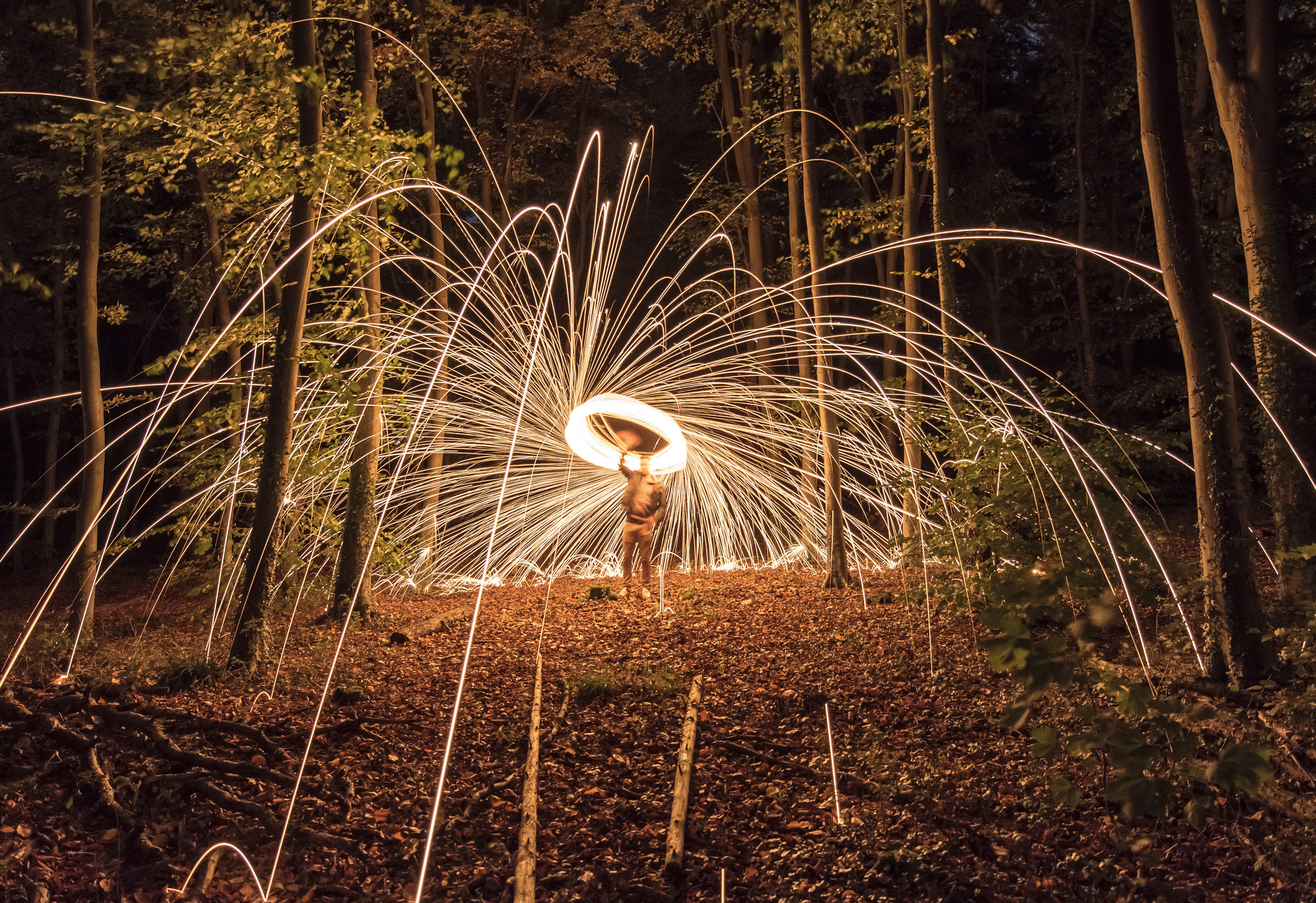 standing, wire wool, long exposure, beautiful, tree, sparks, motion, united kingdom, outdoors, steel wool, nighttime, nature, real people, fire - natural phenomenon, HD Wallpaper