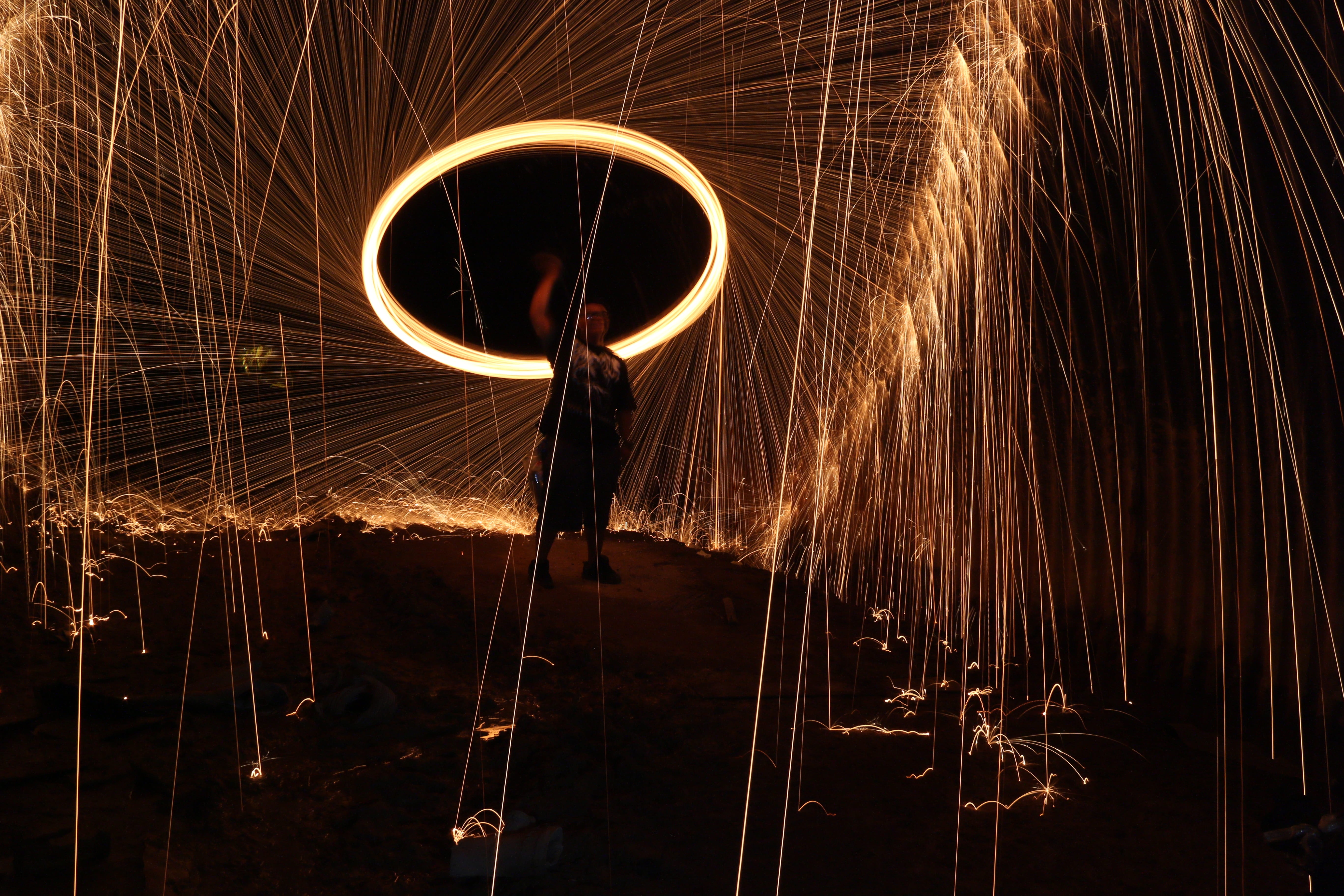 motion, steel, texture, geometric shape, shape, spinning, standing, one person, light painting, dark, performing, warning sign, firework, blurred motion, HD Wallpaper