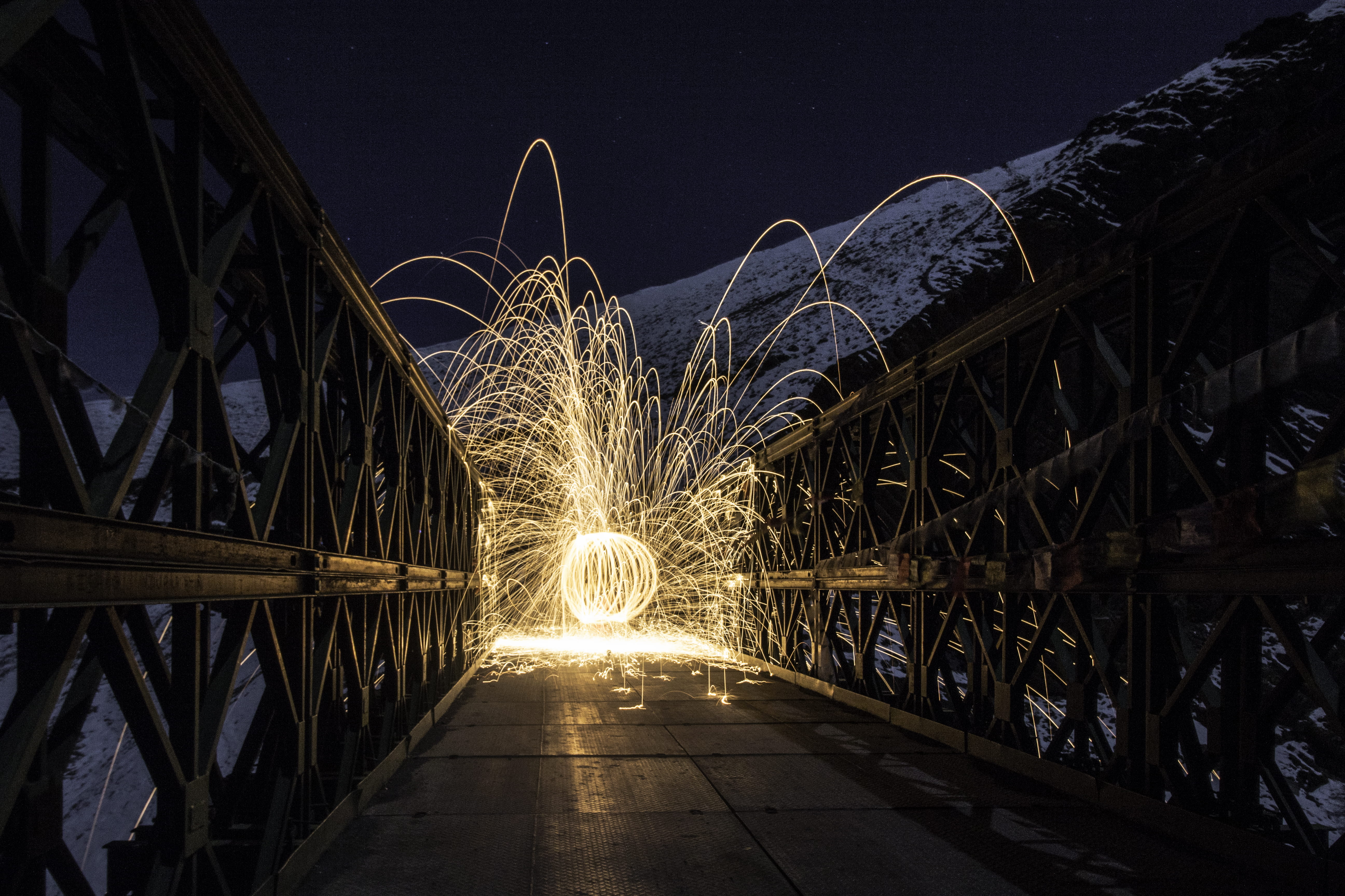bridge, sparks, bright, motion, illuminated, bridge - man made structure, night photography, night, light painting, glowing, wire, wire wool, sky, 5K, HD Wallpaper