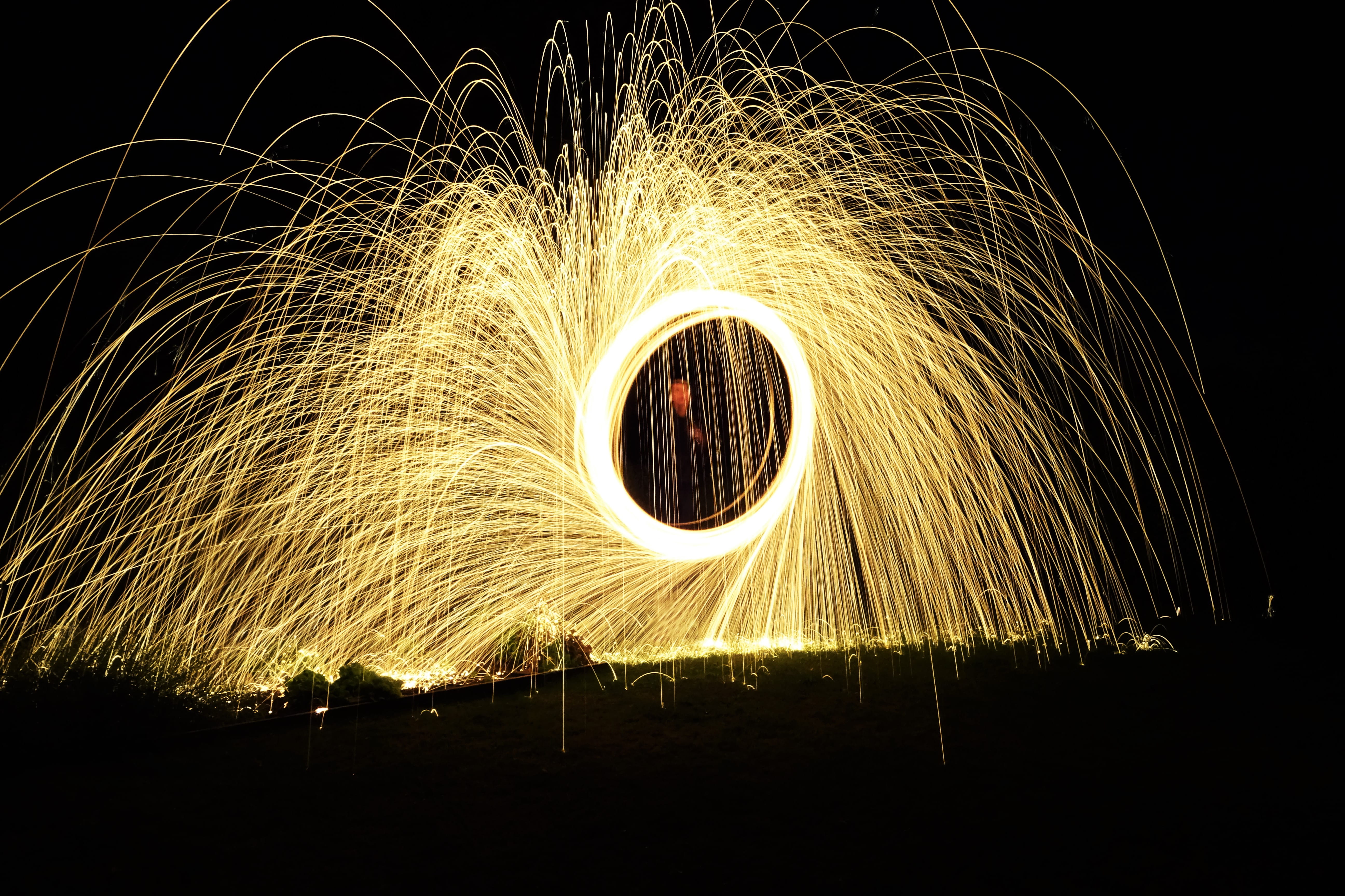 lifestyles, light, long exposure, motion, 5K, light painting, one person, real people, sign, outdoors, circle, wire wool, shape, skill, men, fire, nature, HD Wallpaper