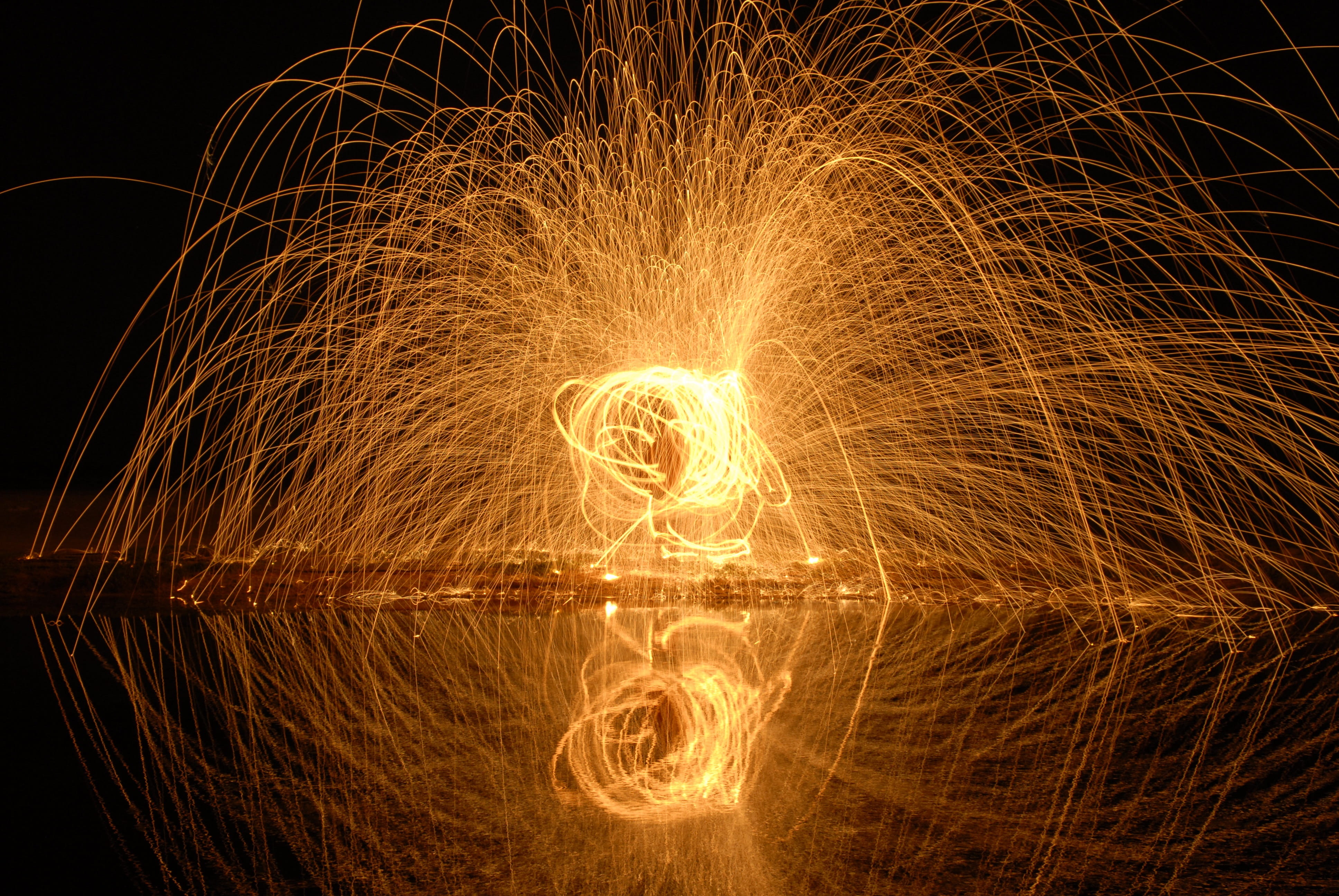 insubstantial, night, firework, water, creativity, glowing, steelwool photography, blurred motion, long exposure, dark, light - natural phenomenon, 4K, HD Wallpaper