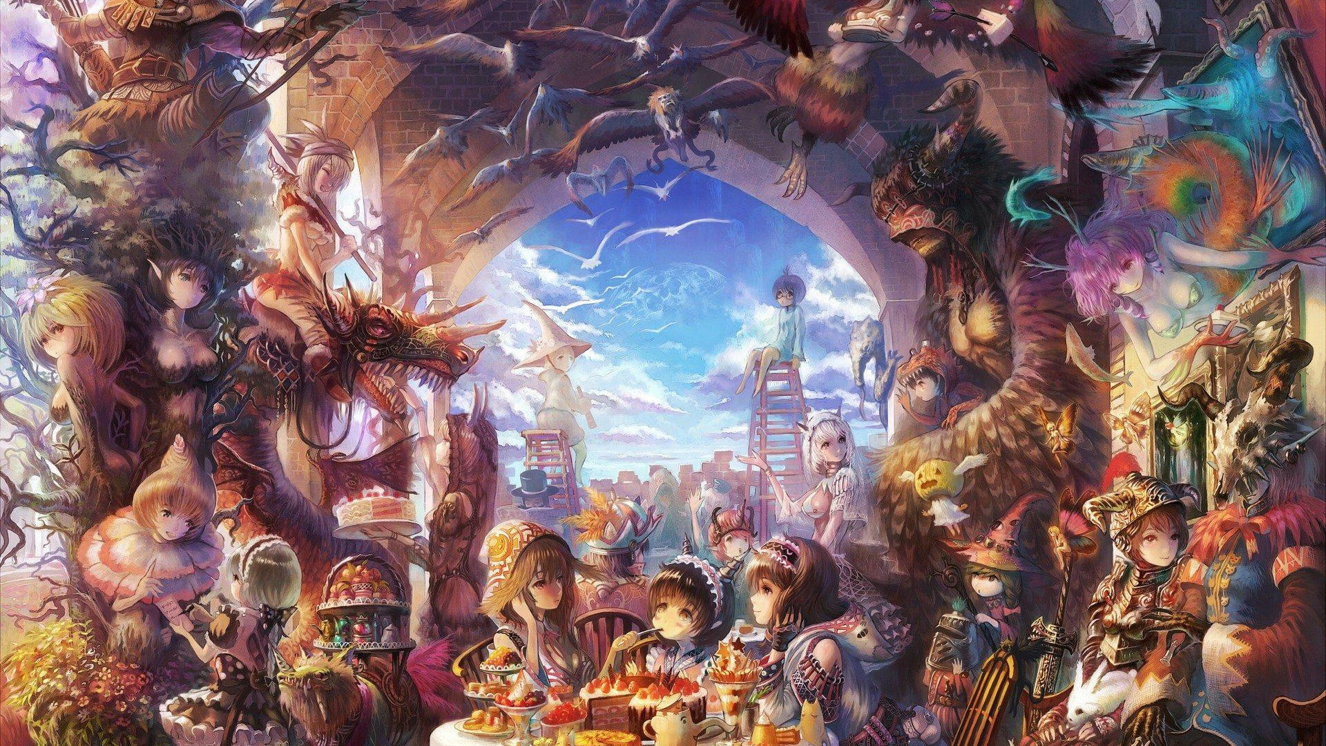 shop, people, traditional, temple, carousel, place of business, 1080P, mercantile establishment, anime, crowd, colorful, toyshop, HD Wallpaper