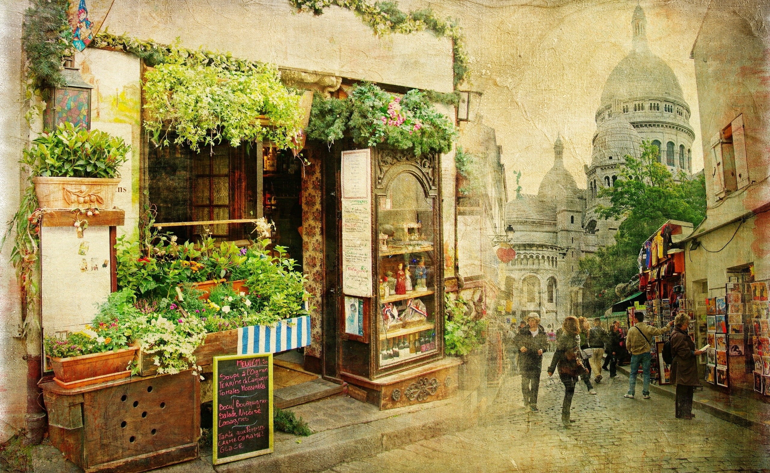 plant, painting, built structure, building, architecture, 2K, travel destinations, real people, potted plant, tree, city, women, leisure activity, store, HD Wallpaper
