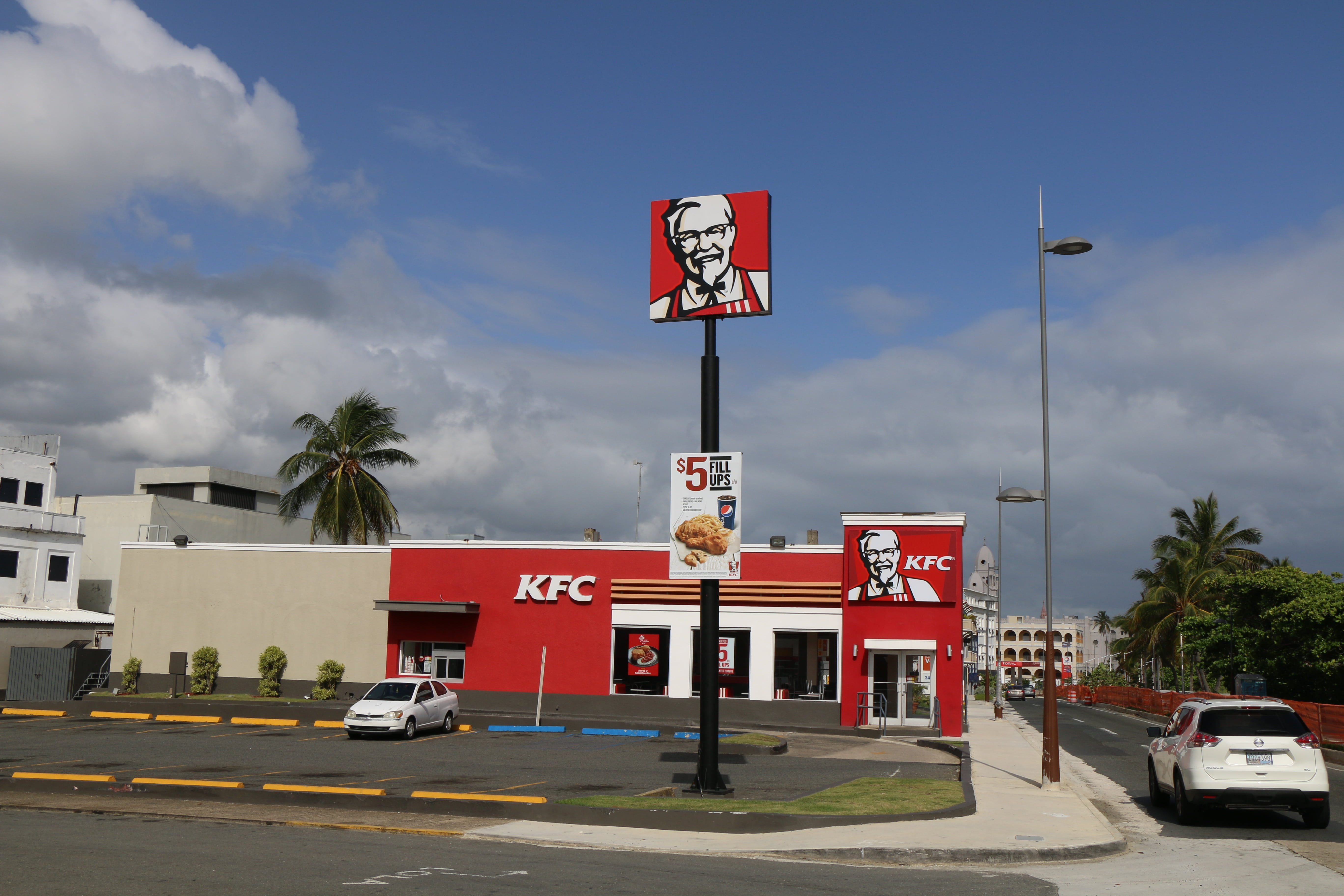 white, vehicle, teaches, cloud - sky, day, kentucky fried chicken, city, road, near, red, guidance, transportation, parking, road sign, shopfront, outdoors, HD Wallpaper