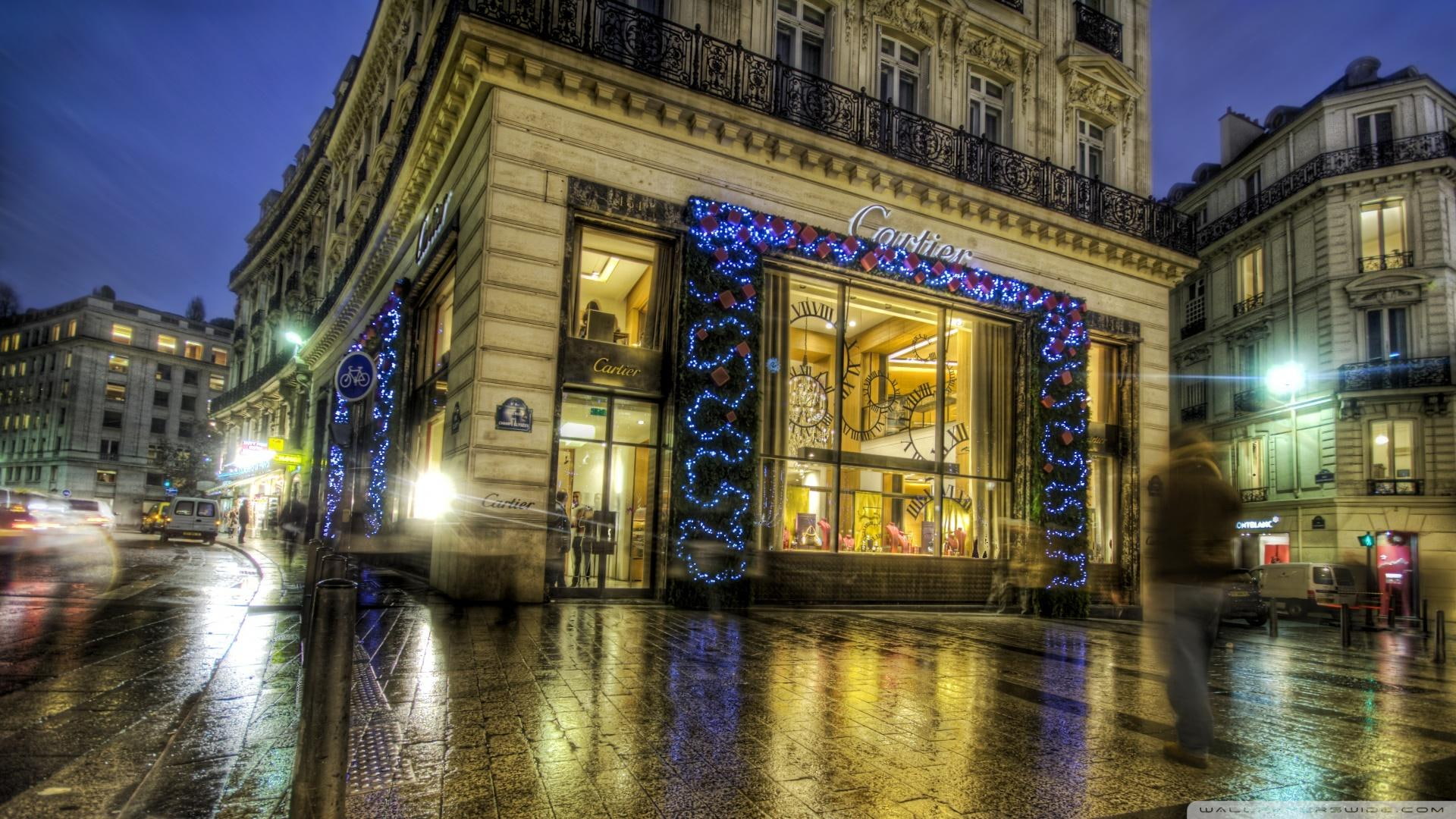 nature and landscapes, city, store, cartier, paris, lights, hdr, christmas, 1080P, street, HD Wallpaper