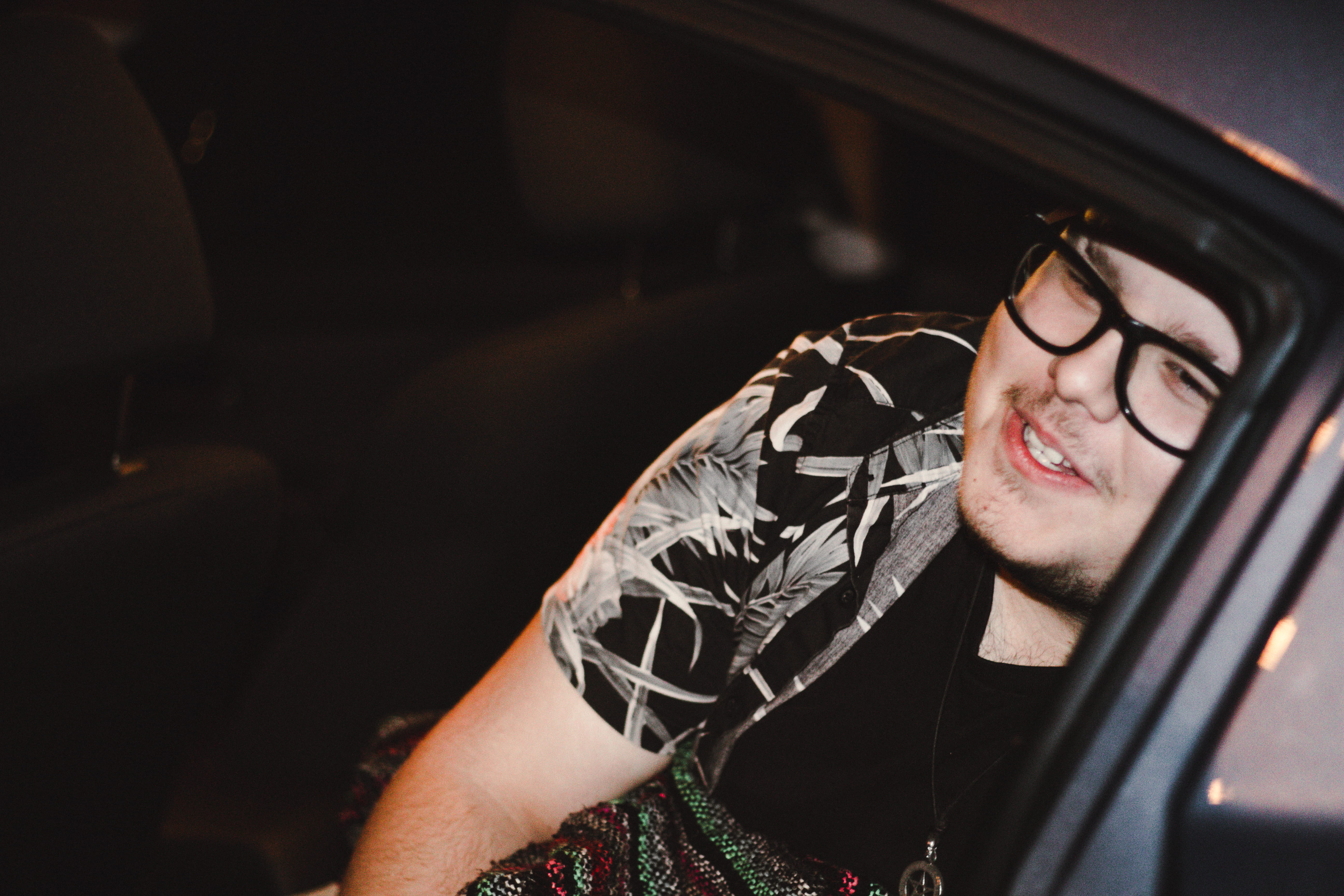eyeglasses, almost sleeping, canada, portrait, guy, hipster - person, flash, light, roadtrip, t-shirt, motor vehicle, mode of transportation, indoors, real people, HD Wallpaper