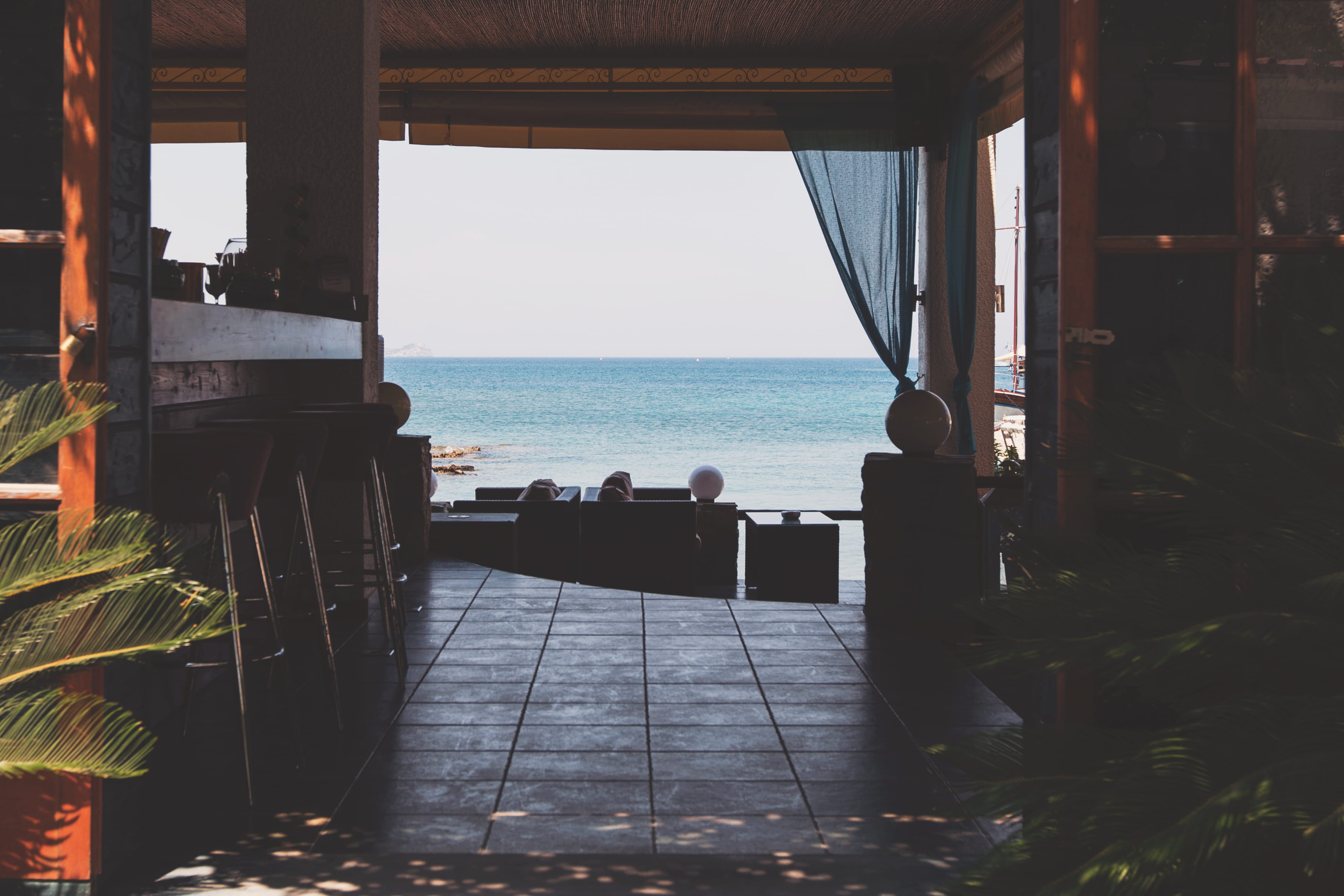 summer, seat, bar, built structure, water, travel, beach, outdoors, scenics - nature, table, nature, horizon, sea, day, no People, sky, horizon over water, HD Wallpaper