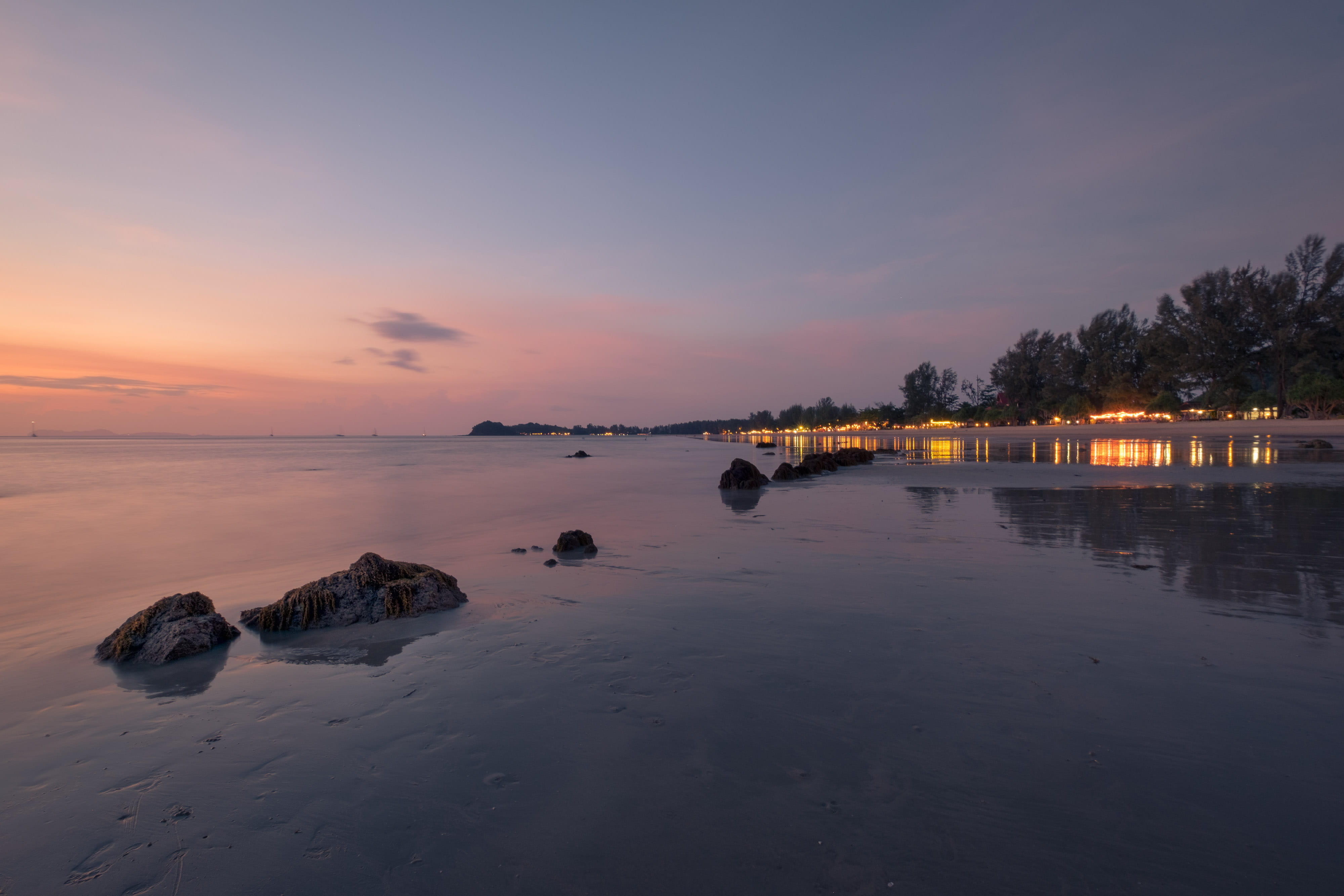 rock, no people, island, nature, koh lanta, bars, water, paradise, ocean, tranquility, color, orange color, tranquil scene, non-urban scene, sunset, 4K, HD Wallpaper