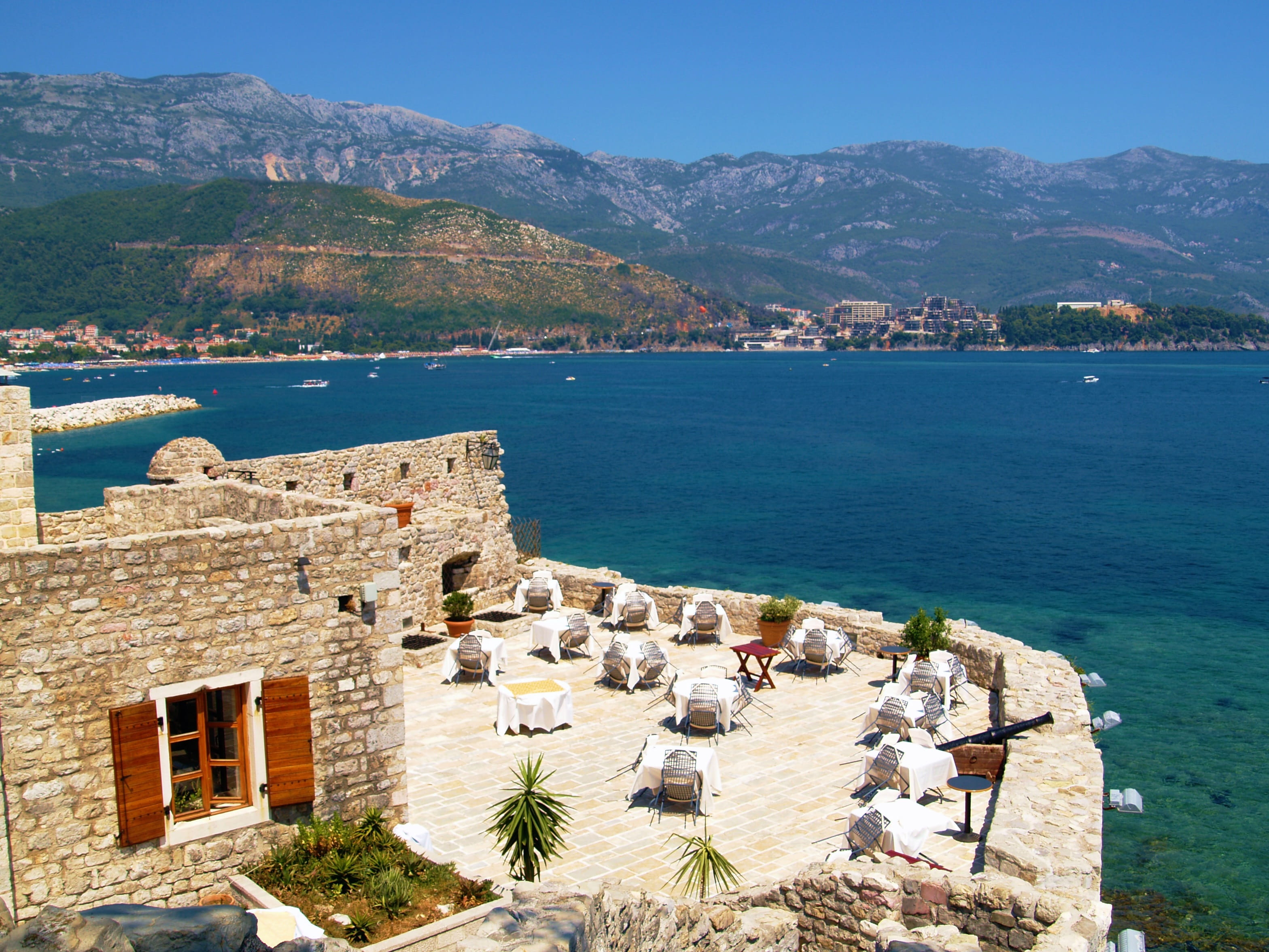 mountain, Table, built structure, Sea, bay, architecture, building, montenegro, scenics - nature, nature, blue, Luxury, mediterran, land, sunlight, day, HD Wallpaper