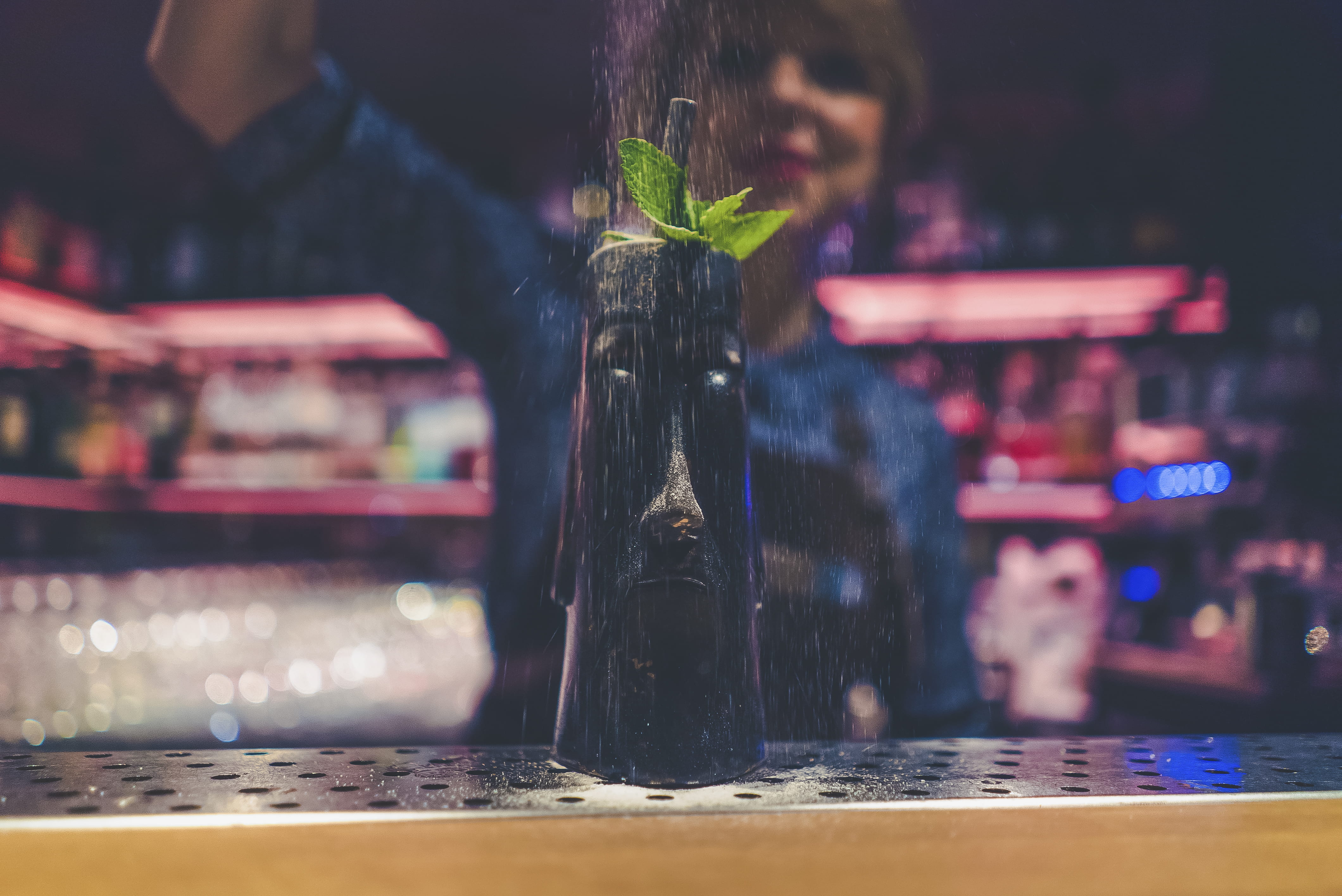 drink, spirituality, straw, mint, bar, illuminated, mask, cocktail, shallow, photography, human representation, outdoors, nature, figurine, no people, tiki, HD Wallpaper