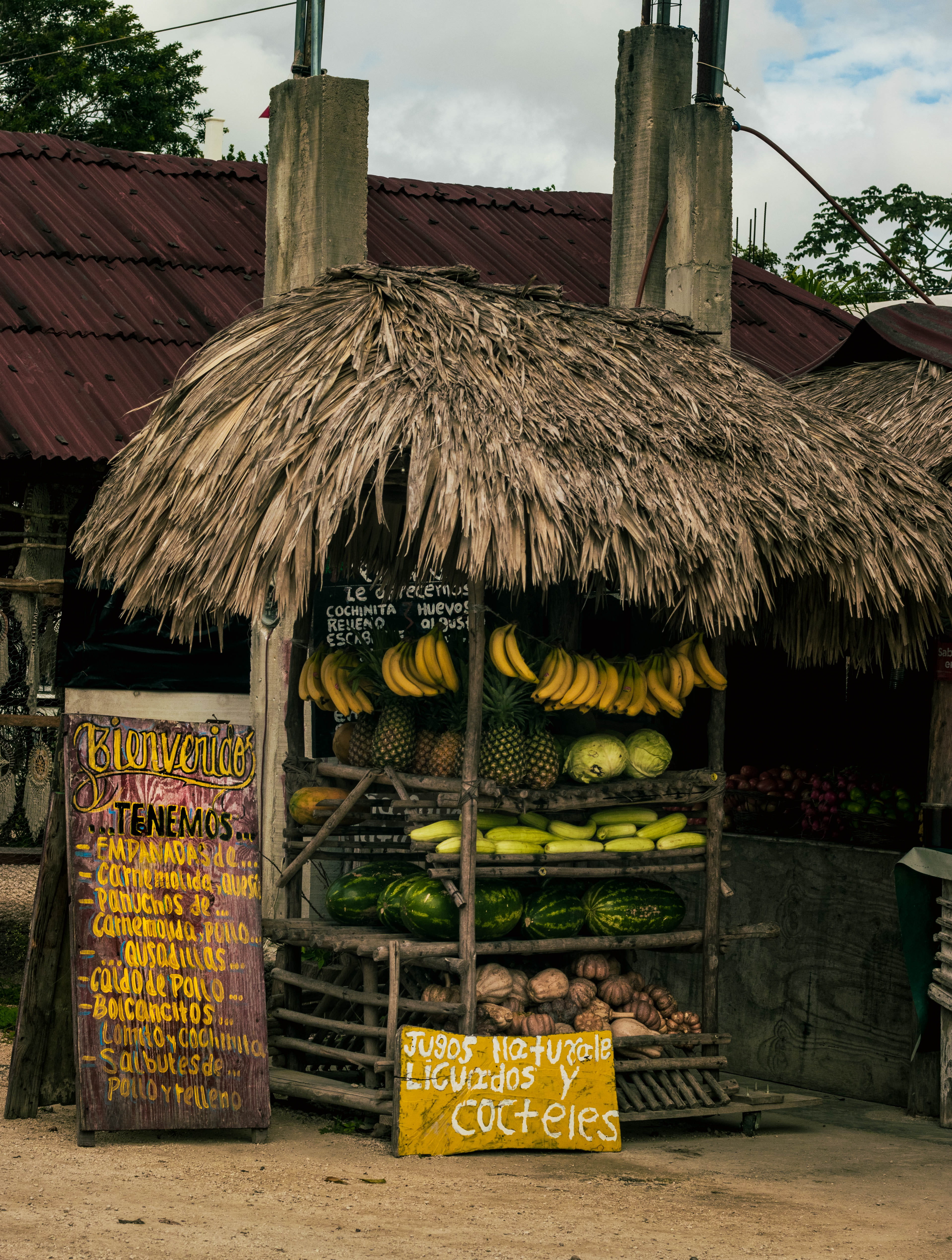 day, retail display, rack, fruits, plant, variety, shack, text, food, sale, retail, totem, architecture, tire, thatched roof, hut, building exterior, 4K, Phone HD Wallpaper