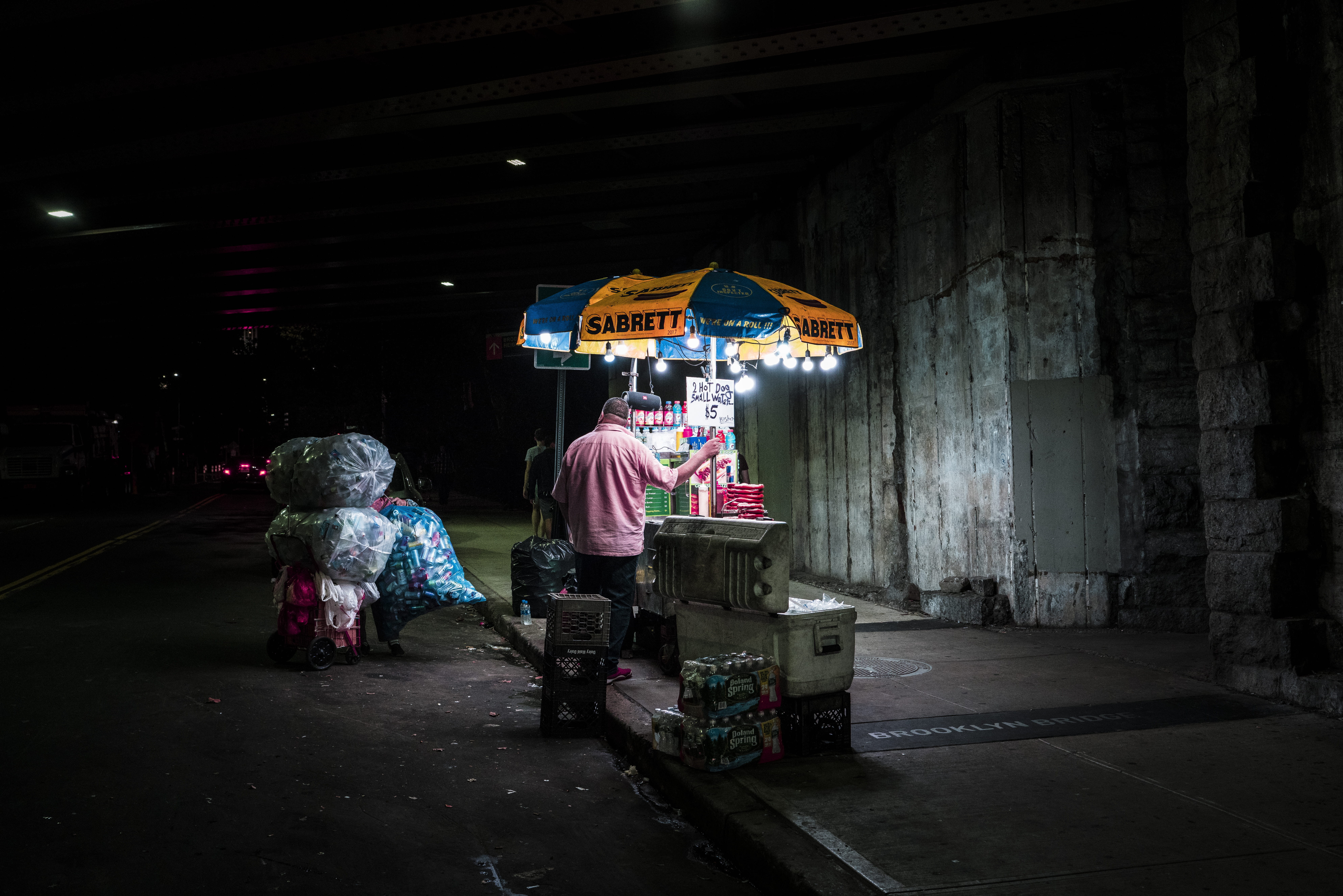 umbrella, people, streetlife, urban, lighting equipment, canopy, 8K, man, glow, brooklynbridge, brooklyn, street, food, city, store, light, full length, HD Wallpaper