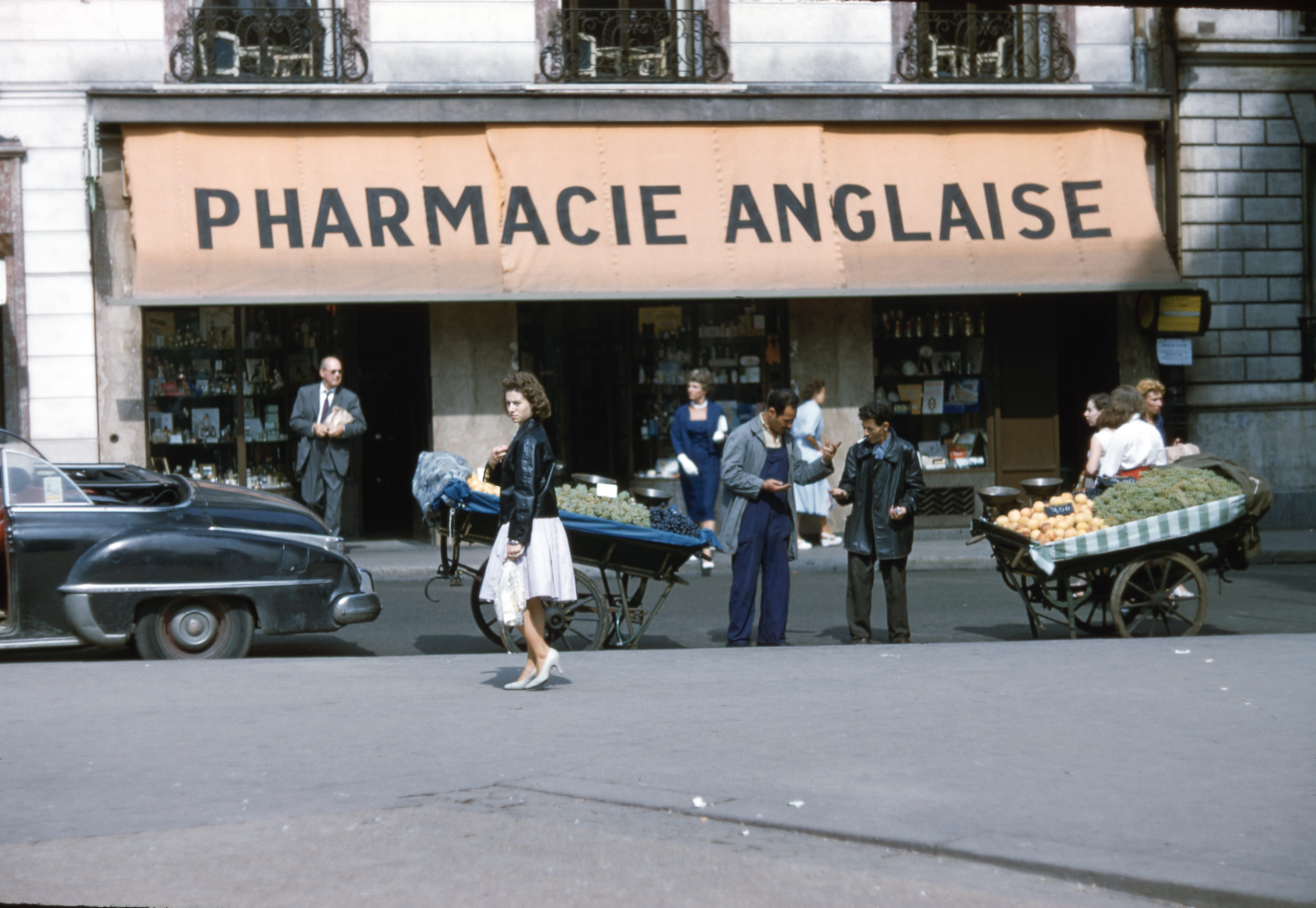 street, cafe, sign, real people, outdoors, people, car, fruit, pharmacie, city, business, vendor, front, architecture, western script, 8K, film, vintage, HD Wallpaper