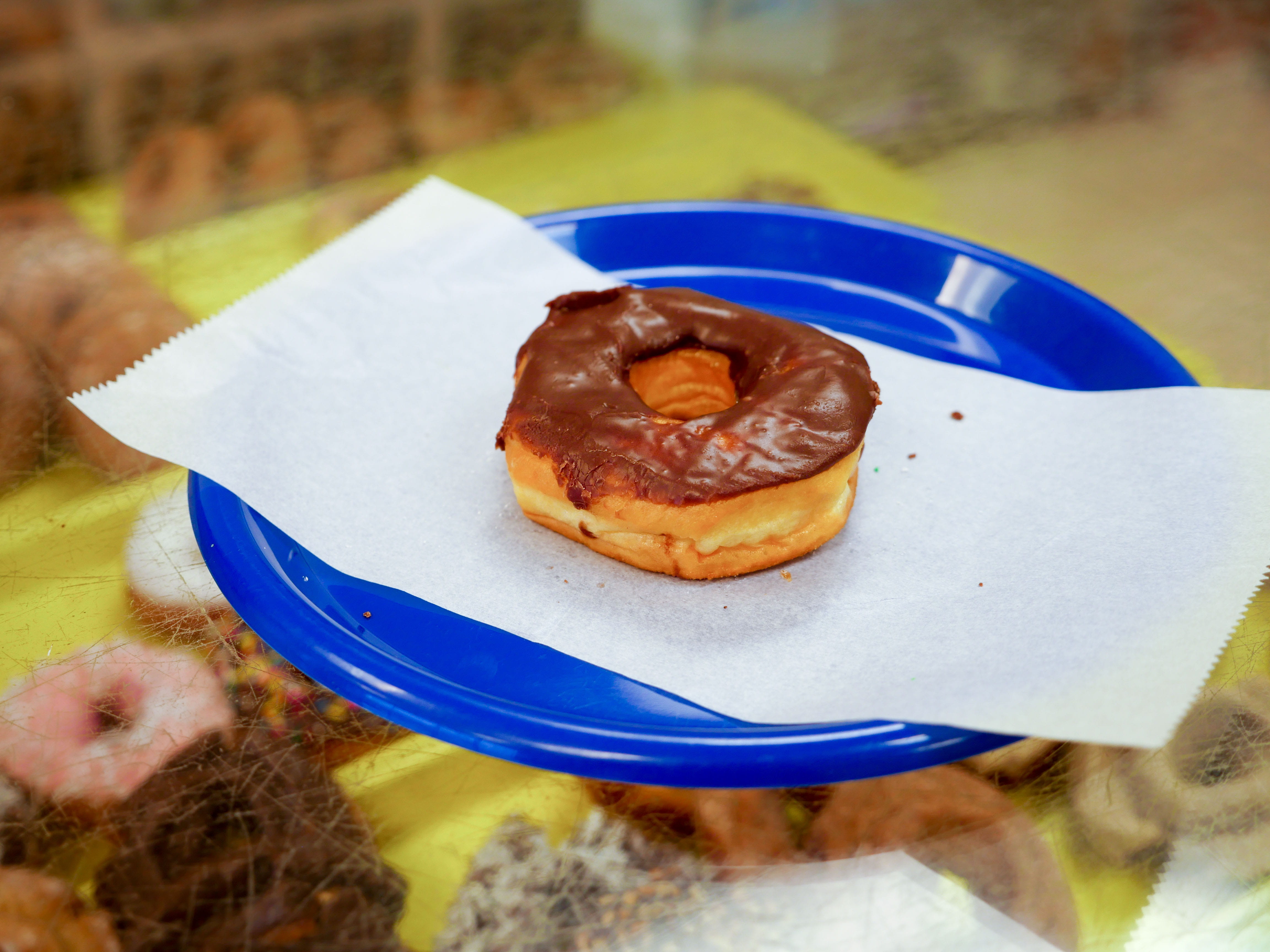food and drink, focus on foreground, plate, round, freshness, bakery, fast food, table, high angle view, blue, frosted, chocolate, doughnut, close-up, unhealthy, HD Wallpaper