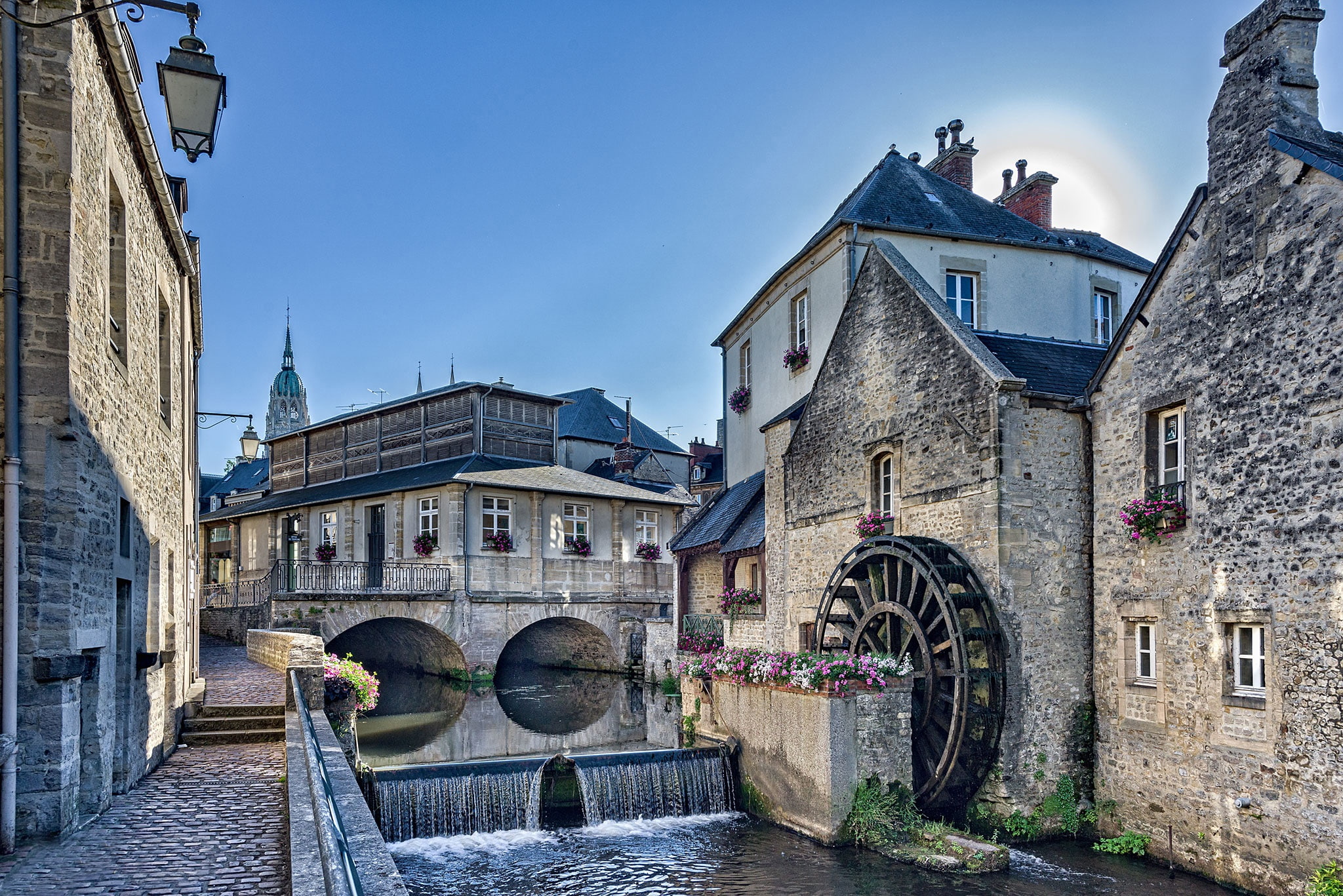 Normandy, Bayeux, home, building, river, France, water mill, cascade, 1080P, the river Op, promenade, flowers, Aire River, HD Wallpaper